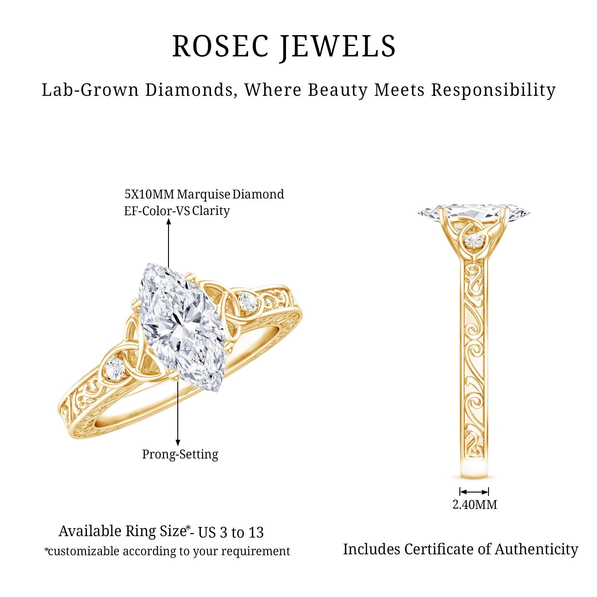 Lab Grown Diamond Marquise Engagement Ring with Celtic Knot Detail Lab - ( EF-VS ) - Rosec Jewels