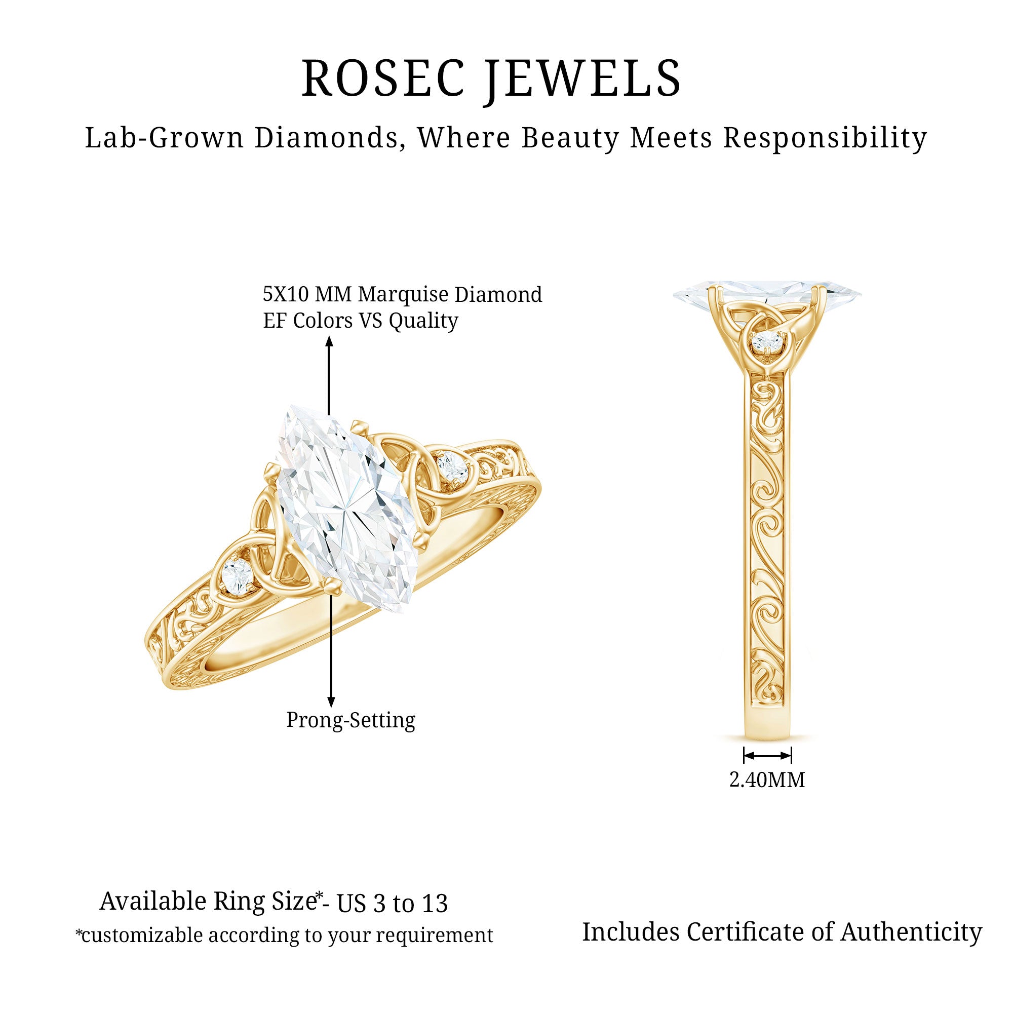 Rosec Jewels-Lab Grown Diamond Marquise Engagement Ring with Celtic Knot Detail