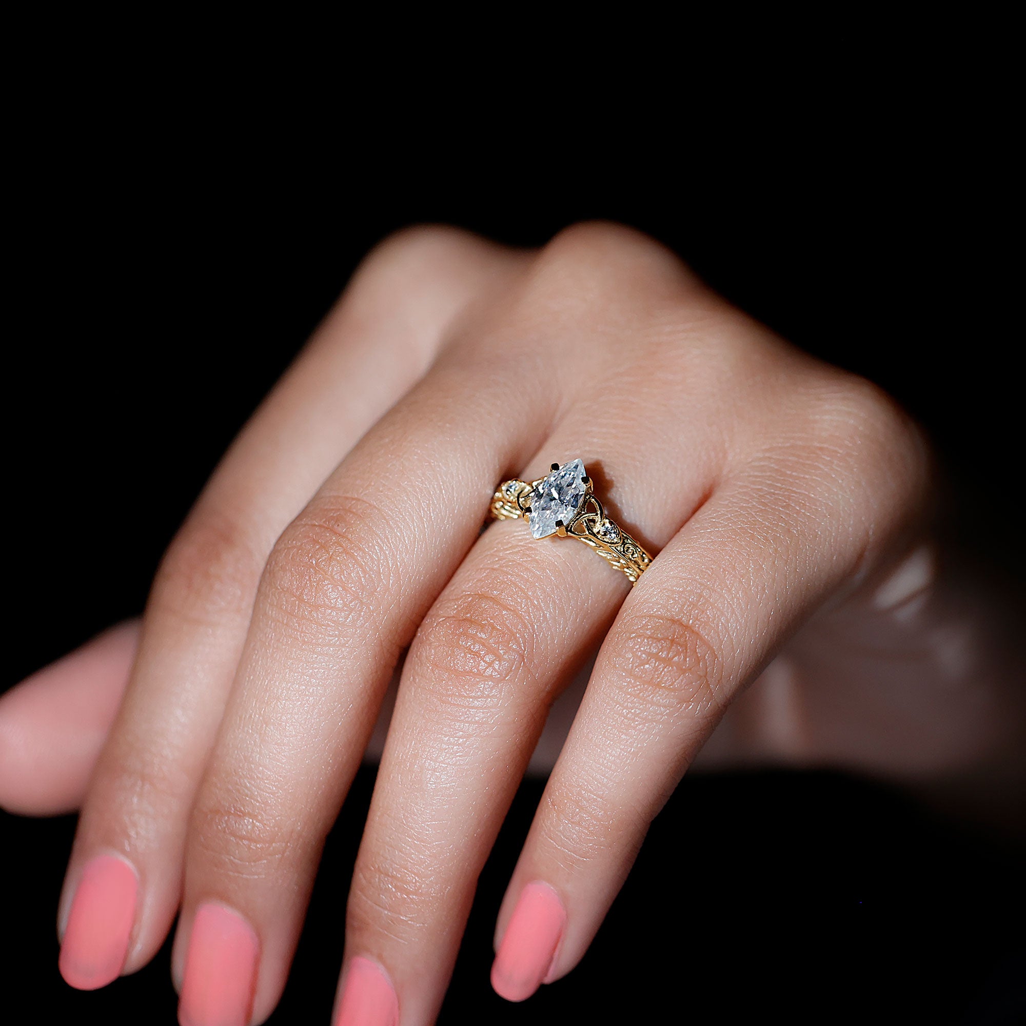 Rosec Jewels-Lab Grown Diamond Marquise Engagement Ring with Celtic Knot Detail