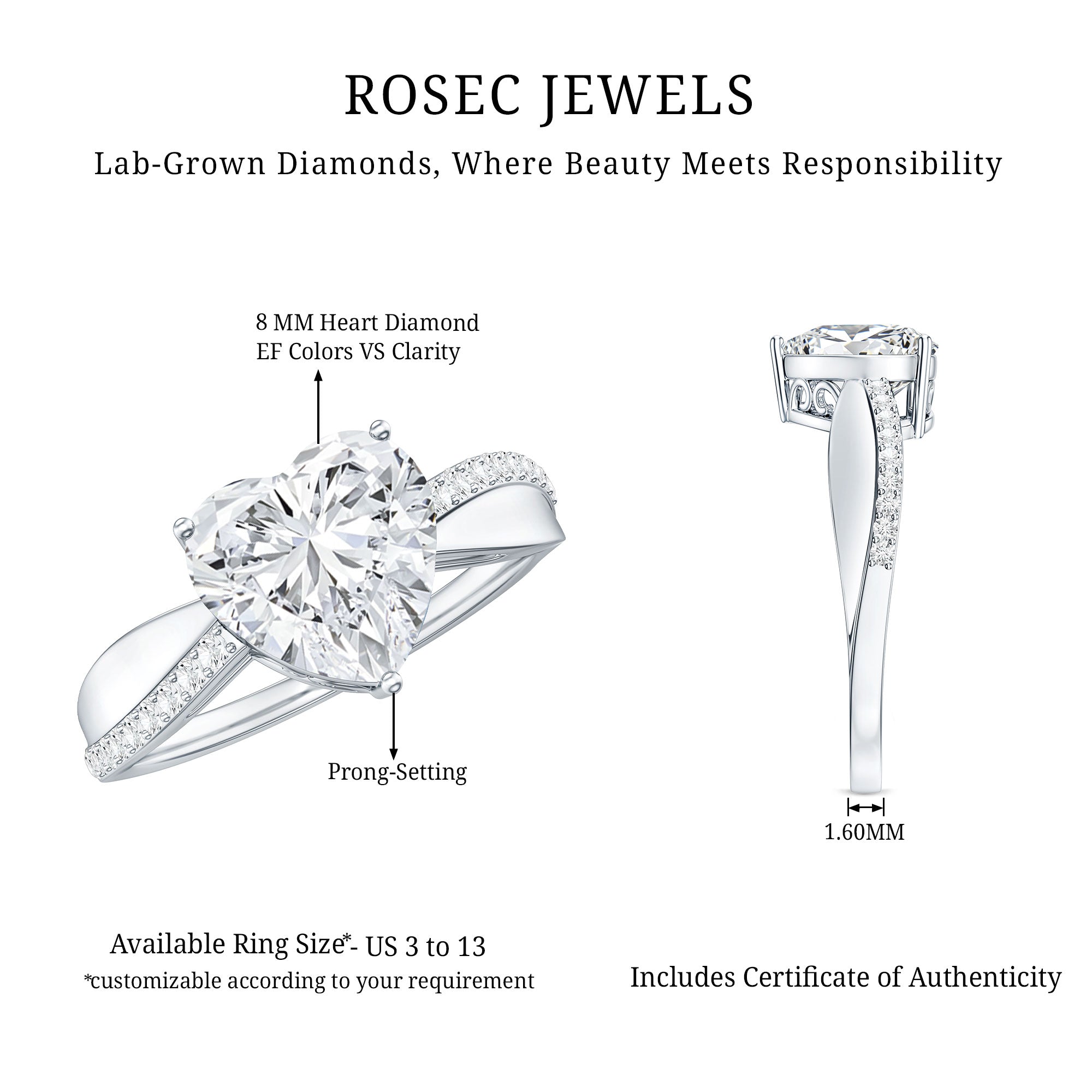Lab Grown Diamond Heart Engagement Ring With Bypass Details Lab - ( EF-VS ) - Rosec Jewels