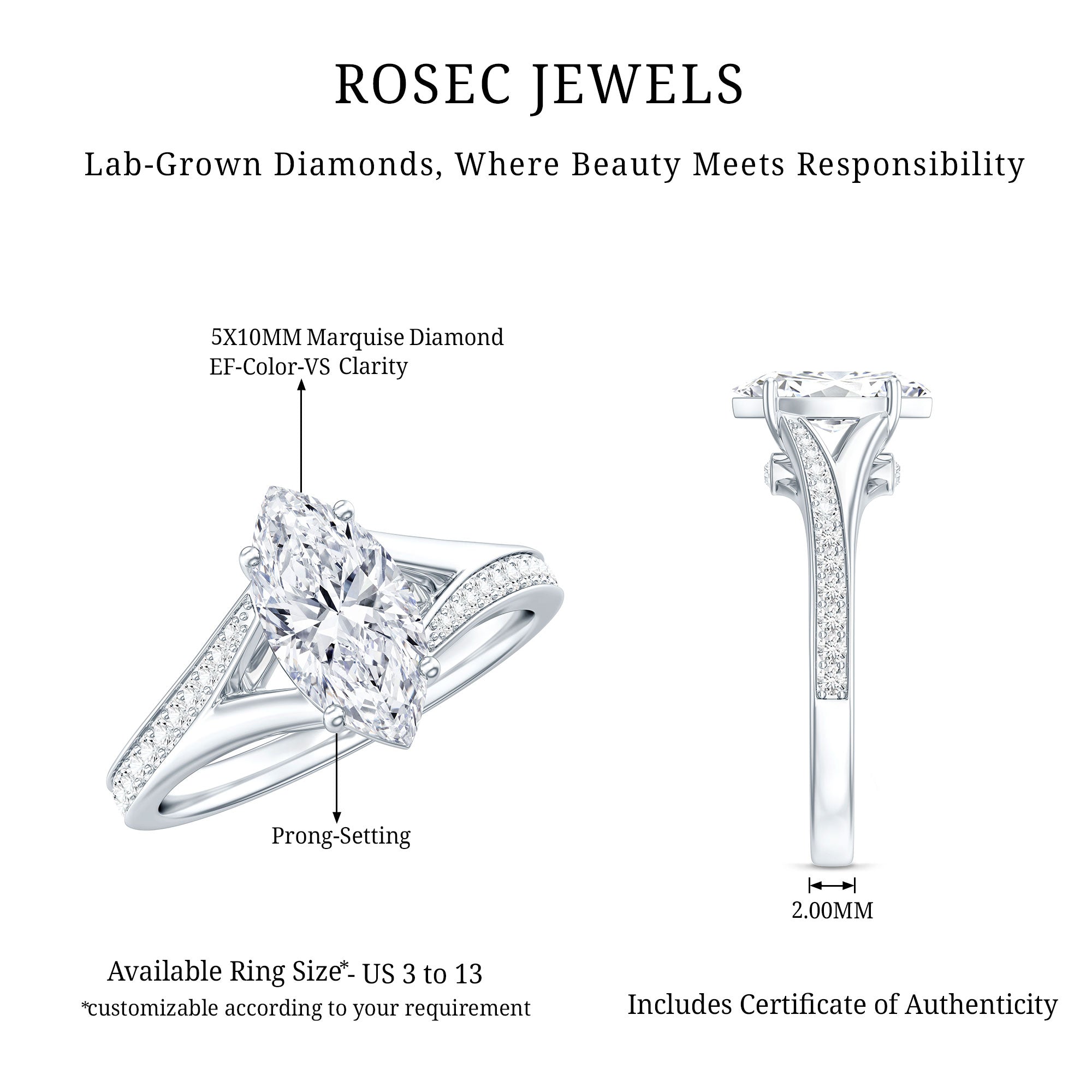 Brilliant Cut Lab Grown Diamond Marquise Engagement Ring with Split Shank Lab - ( EF-VS ) - Rosec Jewels