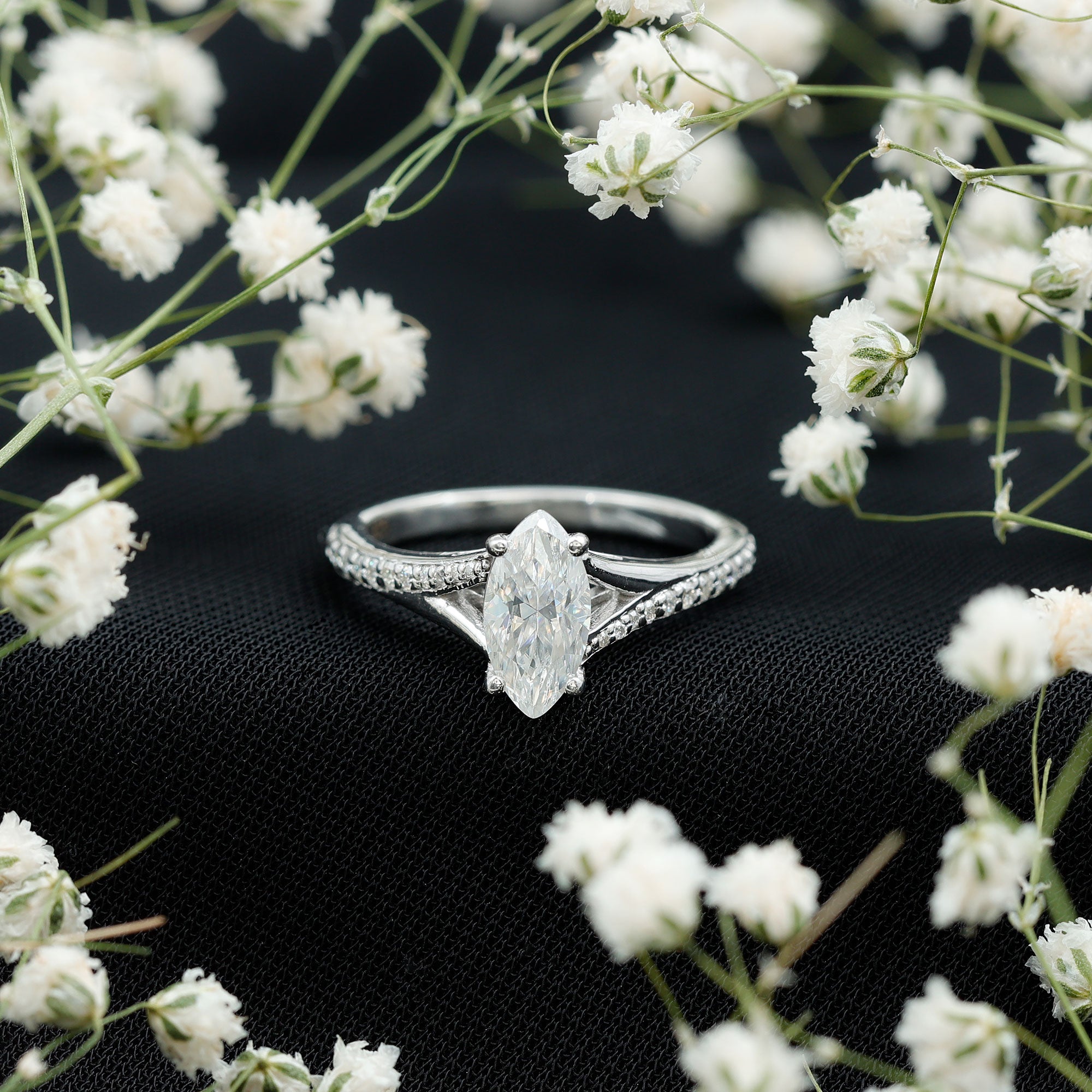 Brilliant Cut Lab Grown Diamond Marquise Engagement Ring with Split Shank Lab - ( EF-VS ) - Rosec Jewels