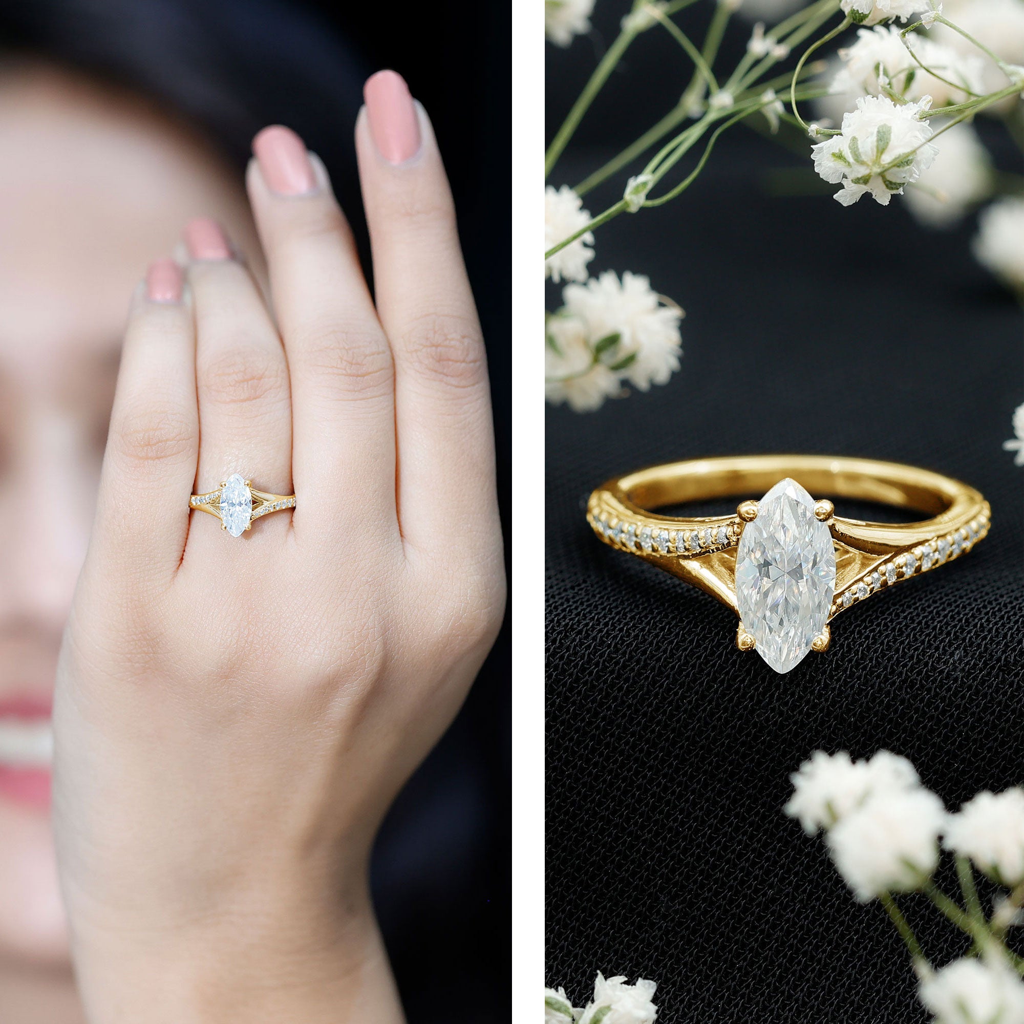 Rosec Jewels-Brilliant Cut Lab Grown Diamond Marquise Engagement Ring with Split Shank