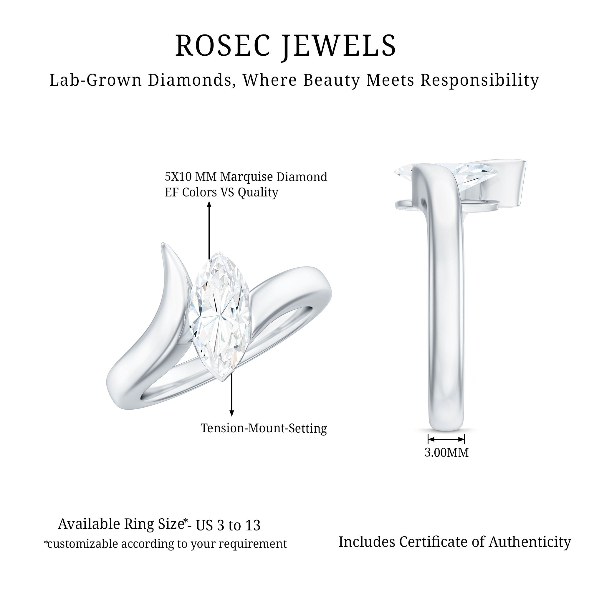 Rosec Jewels-Lab Diamond 5X10 MM Marquise Engagement Ring in Tension Mount Setting