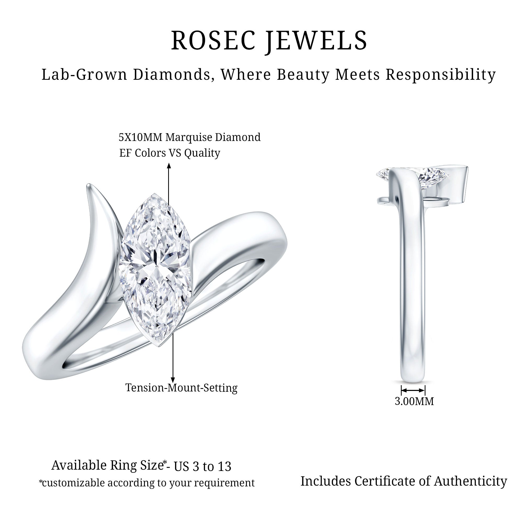 Lab Diamond 5X10 MM Marquise Engagement Ring in Tension Mount Setting Lab - ( EF-VS ) - Rosec Jewels