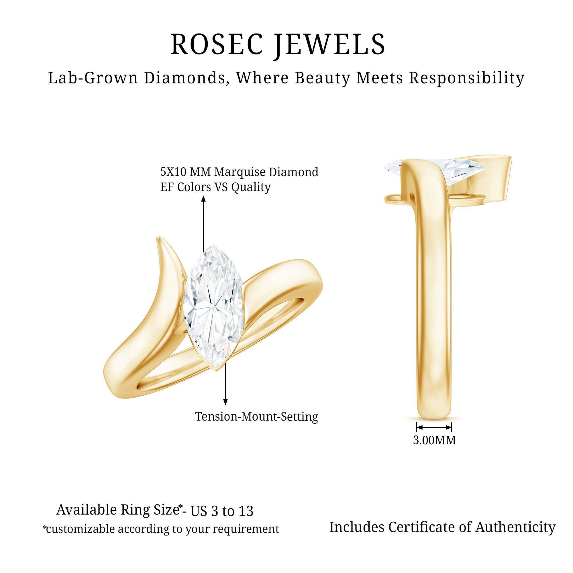 Rosec Jewels-Lab Diamond 5X10 MM Marquise Engagement Ring in Tension Mount Setting