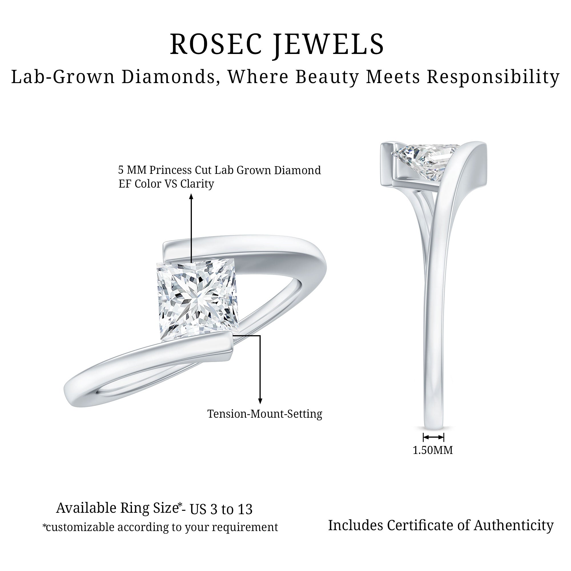 5 mm Princess Cut Lab Grown Diamond Ring With Tension Setting Lab - ( EF-VS ) - Rosec Jewels
