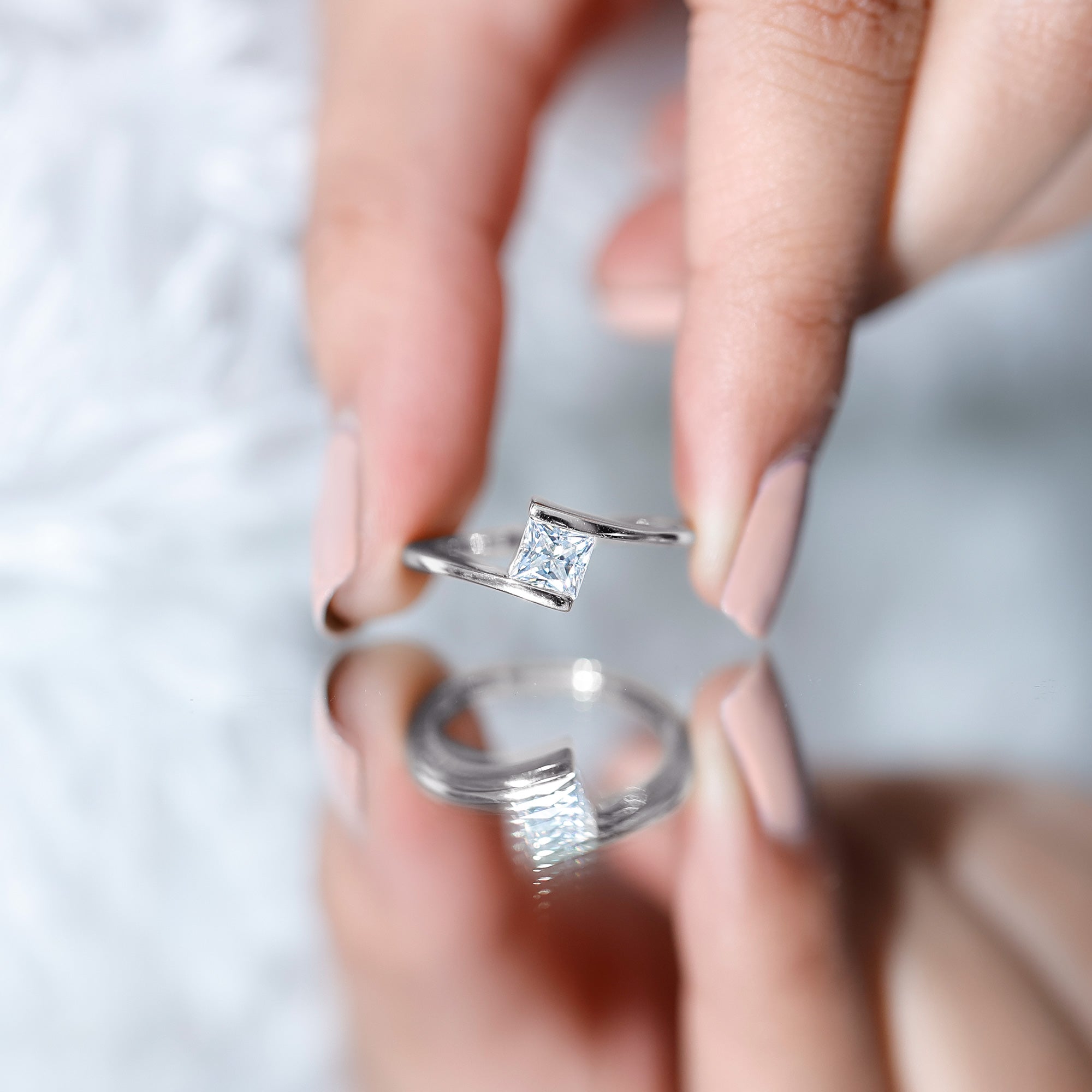 5 mm Princess Cut Lab Grown Diamond Ring With Tension Setting Lab - ( EF-VS ) - Rosec Jewels