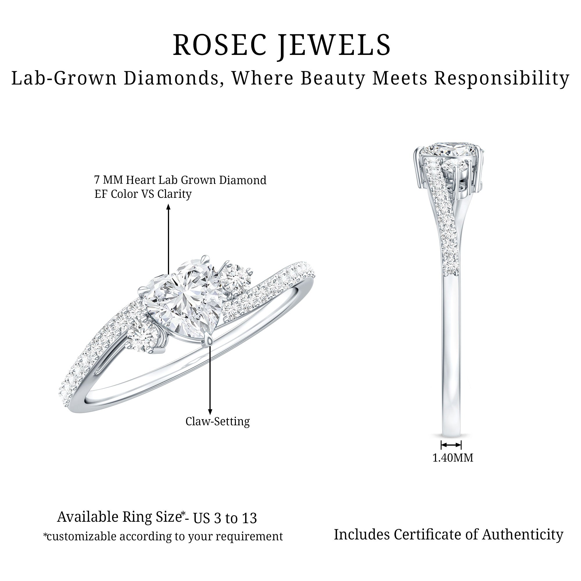 1.5 Carat Heart Shaped Lab Grown Diamond Engagement Rings With Bypass Shank Lab - ( EF-VS ) - Rosec Jewels