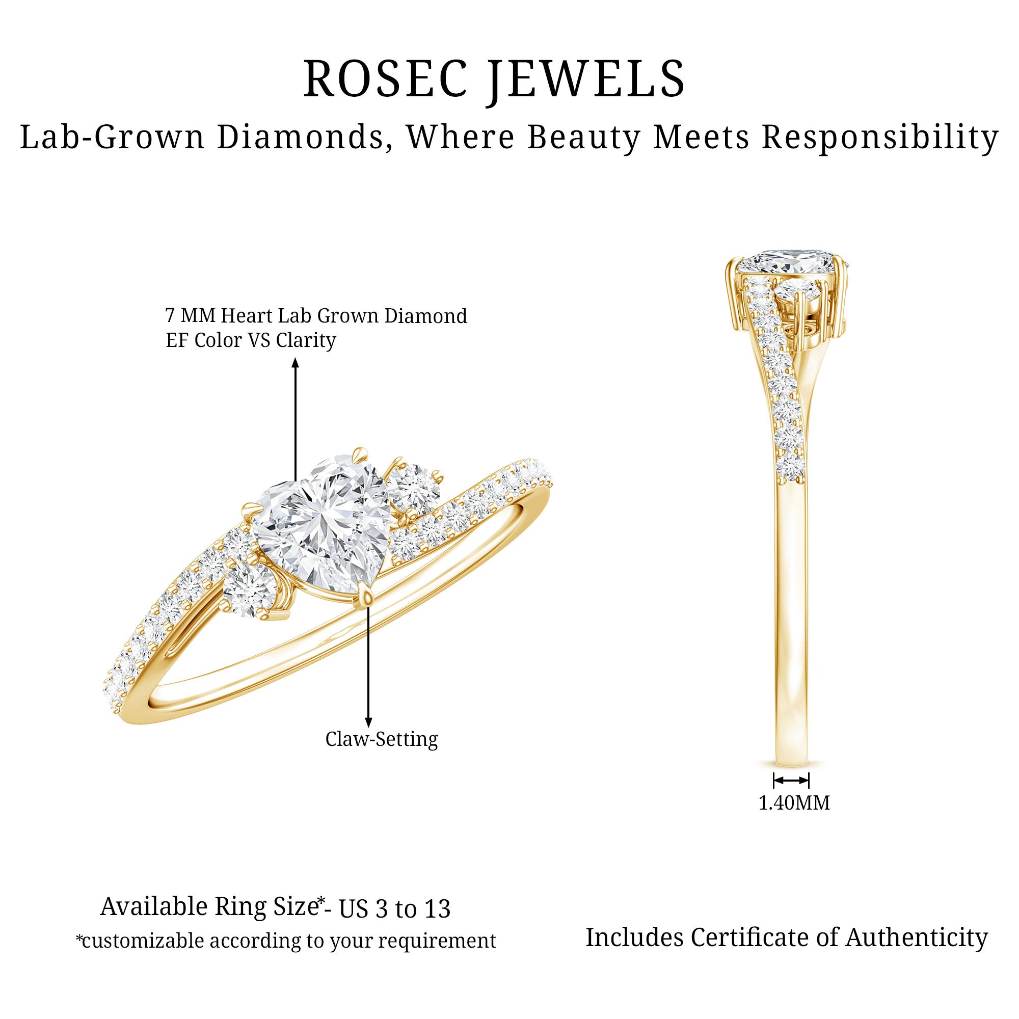 1.5 Carat Heart Shaped Lab Grown Diamond Engagement Rings With Bypass Shank Lab - ( EF-VS ) - Rosec Jewels