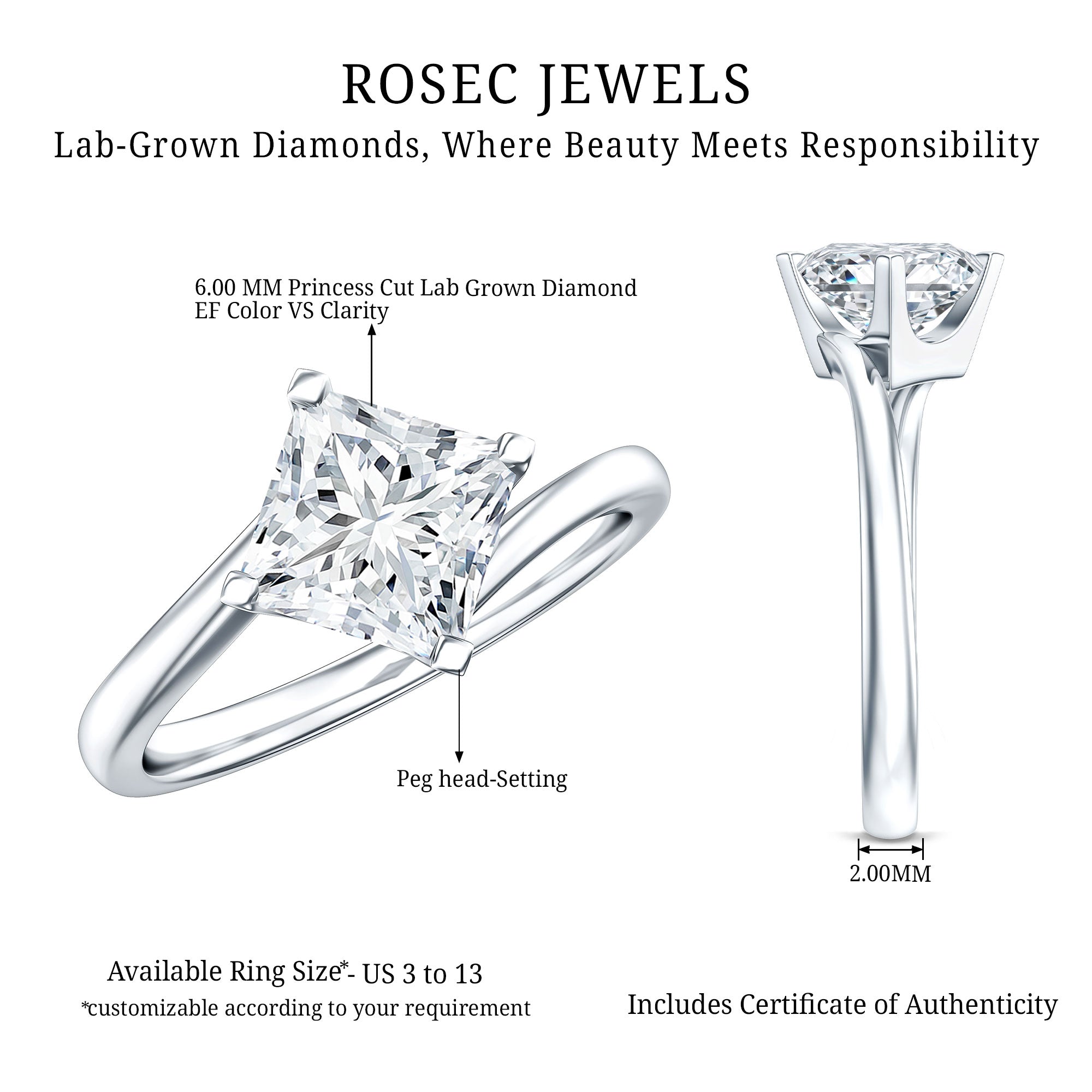 Princess Cut Lab Grown Diamond Bypass Engagement Ring for Women Lab - ( EF-VS ) - Rosec Jewels