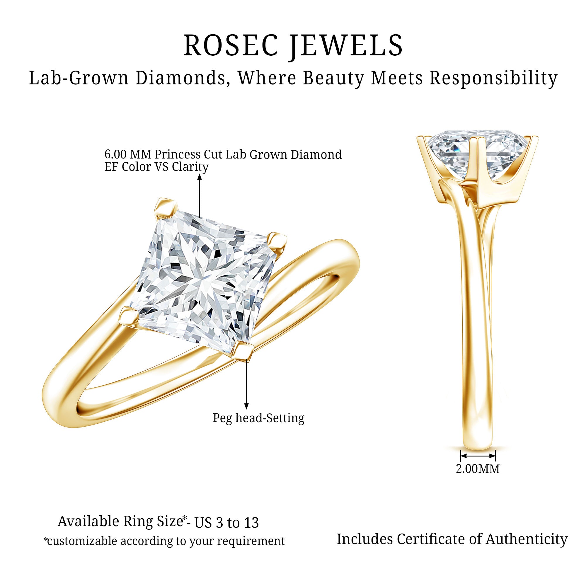 Princess Cut Lab Grown Diamond Bypass Engagement Ring for Women Lab - ( EF-VS ) - Rosec Jewels