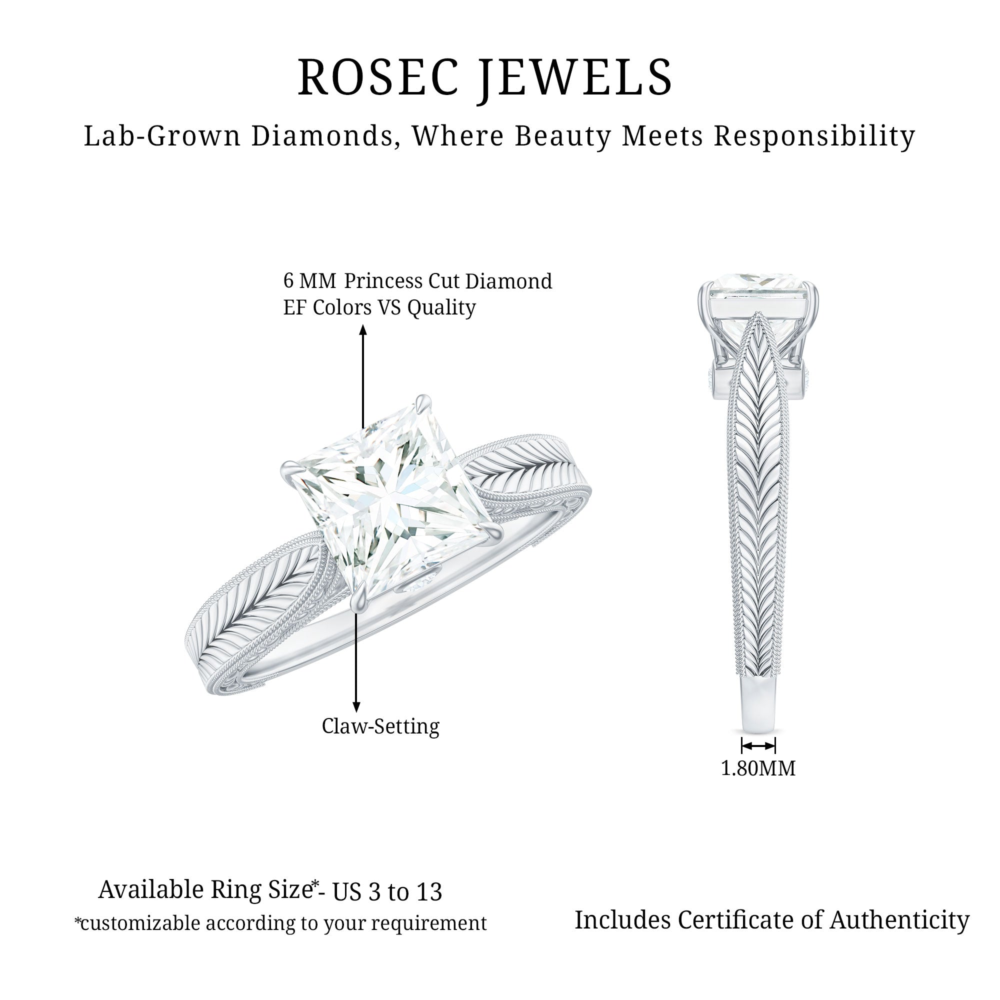 Rosec Jewels-Lab Grown Diamond Engraved Solitaire Engagement Ring in Claw Set
