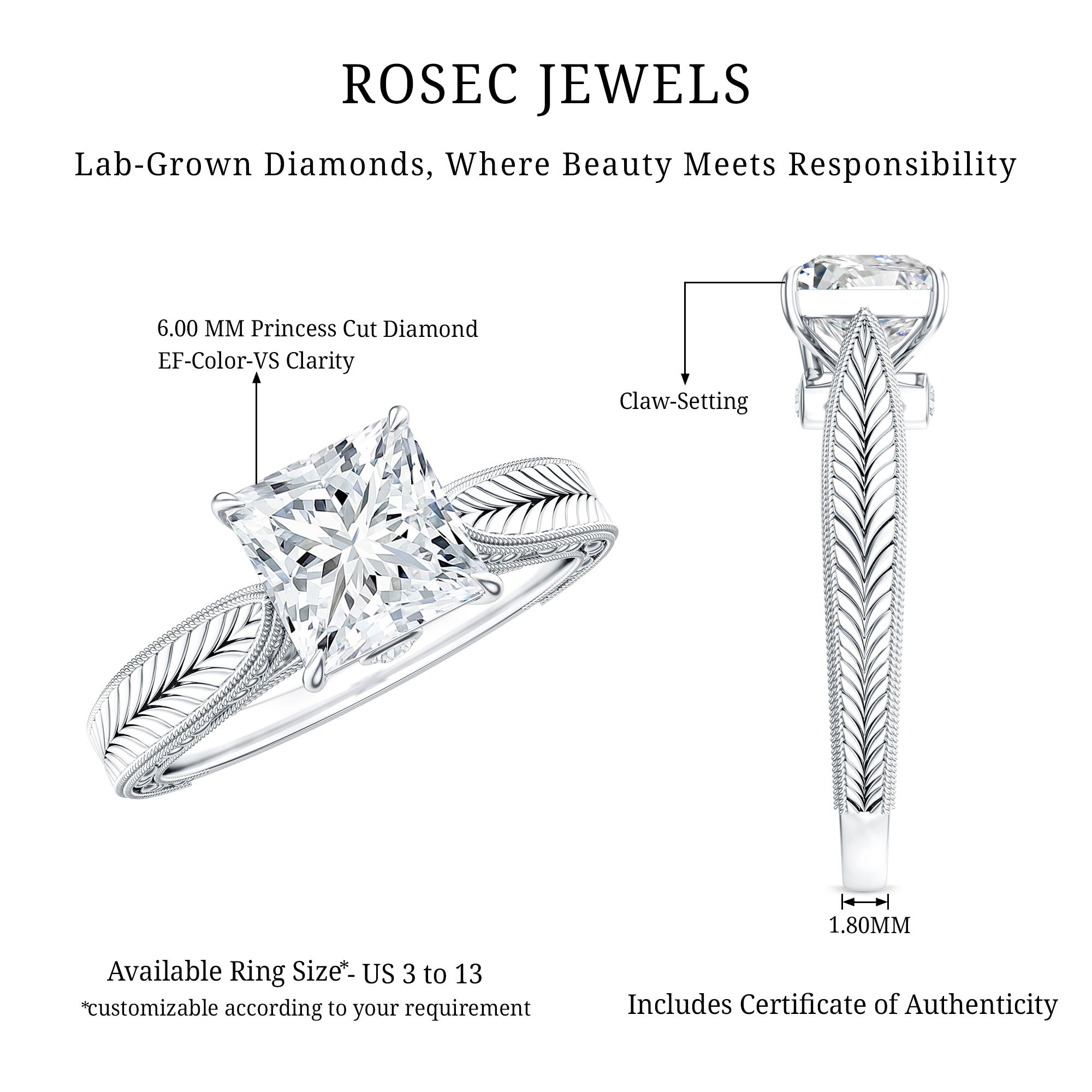 Lab Grown Diamond Engraved Solitaire Engagement Ring in Claw Set Lab - ( EF-VS ) - Rosec Jewels