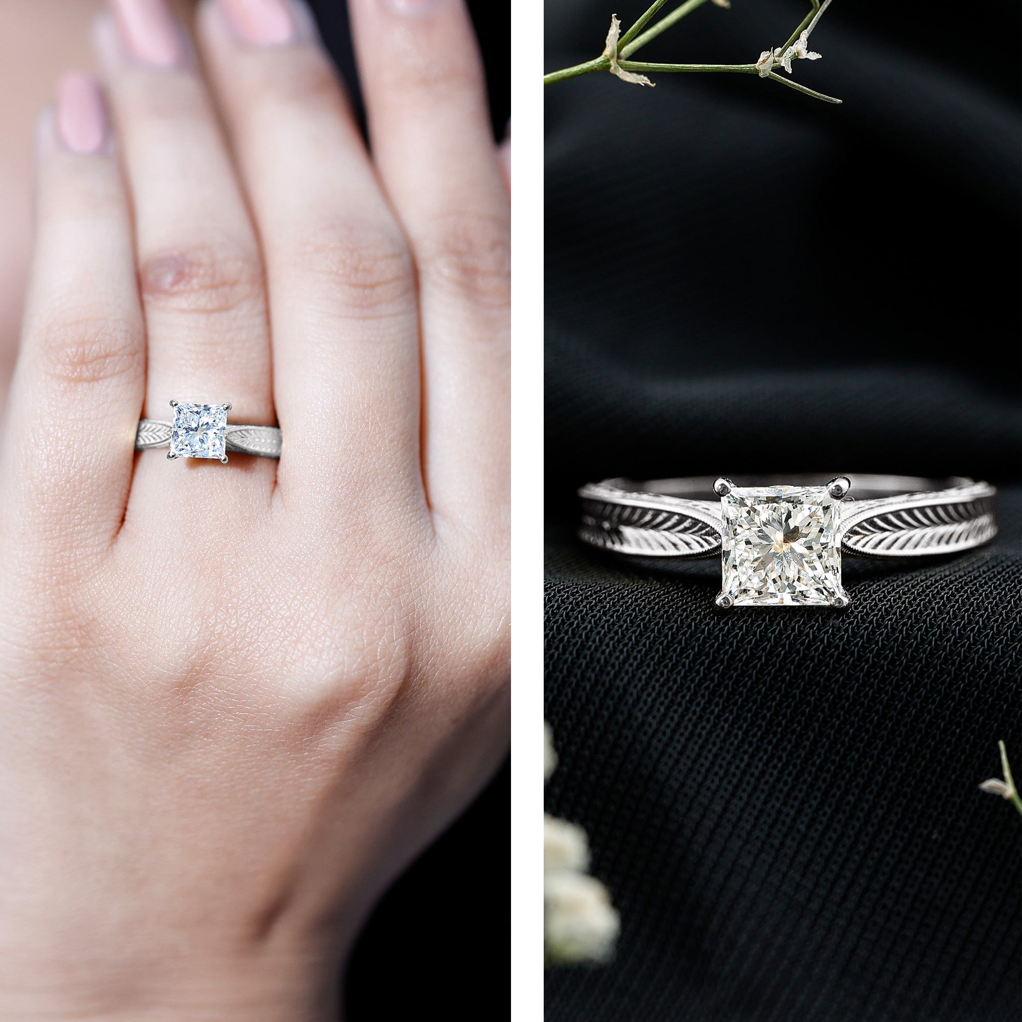 Lab Grown Diamond Engraved Solitaire Engagement Ring in Claw Set Lab - ( EF-VS ) - Rosec Jewels