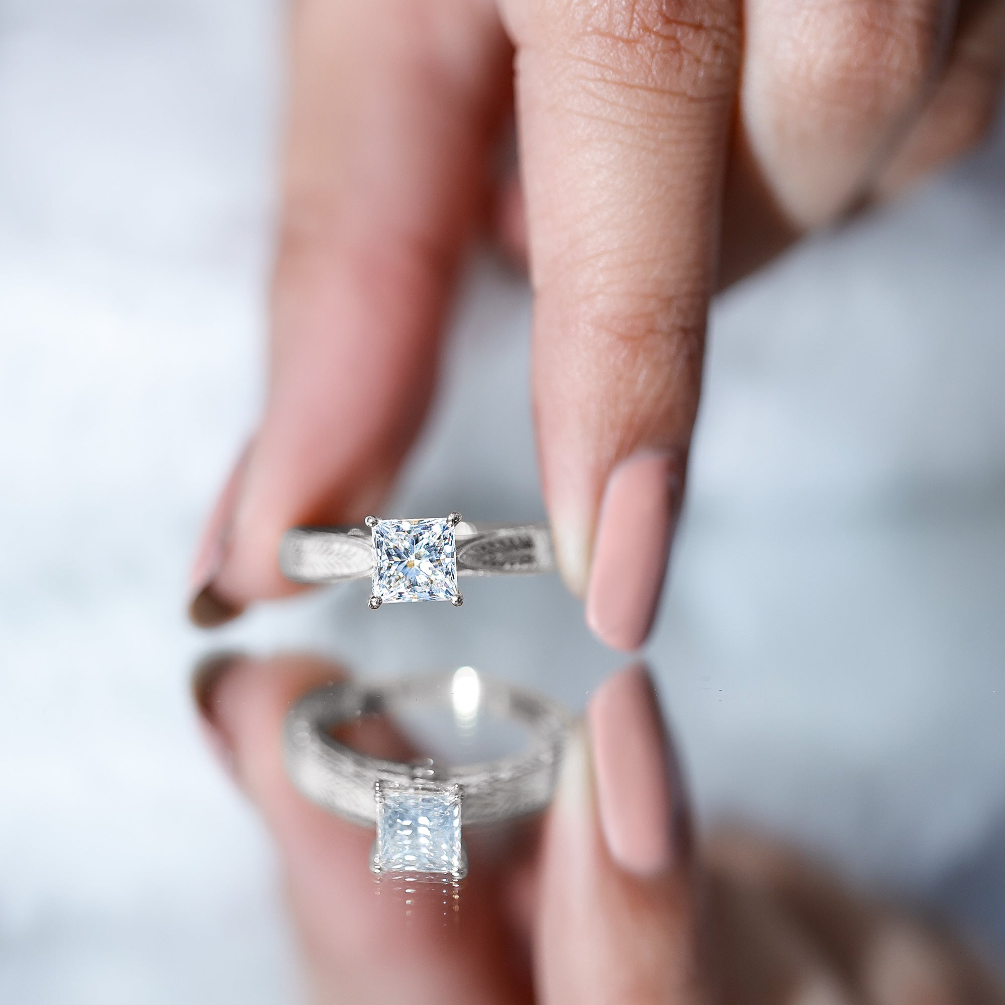 Lab Grown Diamond Engraved Solitaire Engagement Ring in Claw Set Lab - ( EF-VS ) - Rosec Jewels