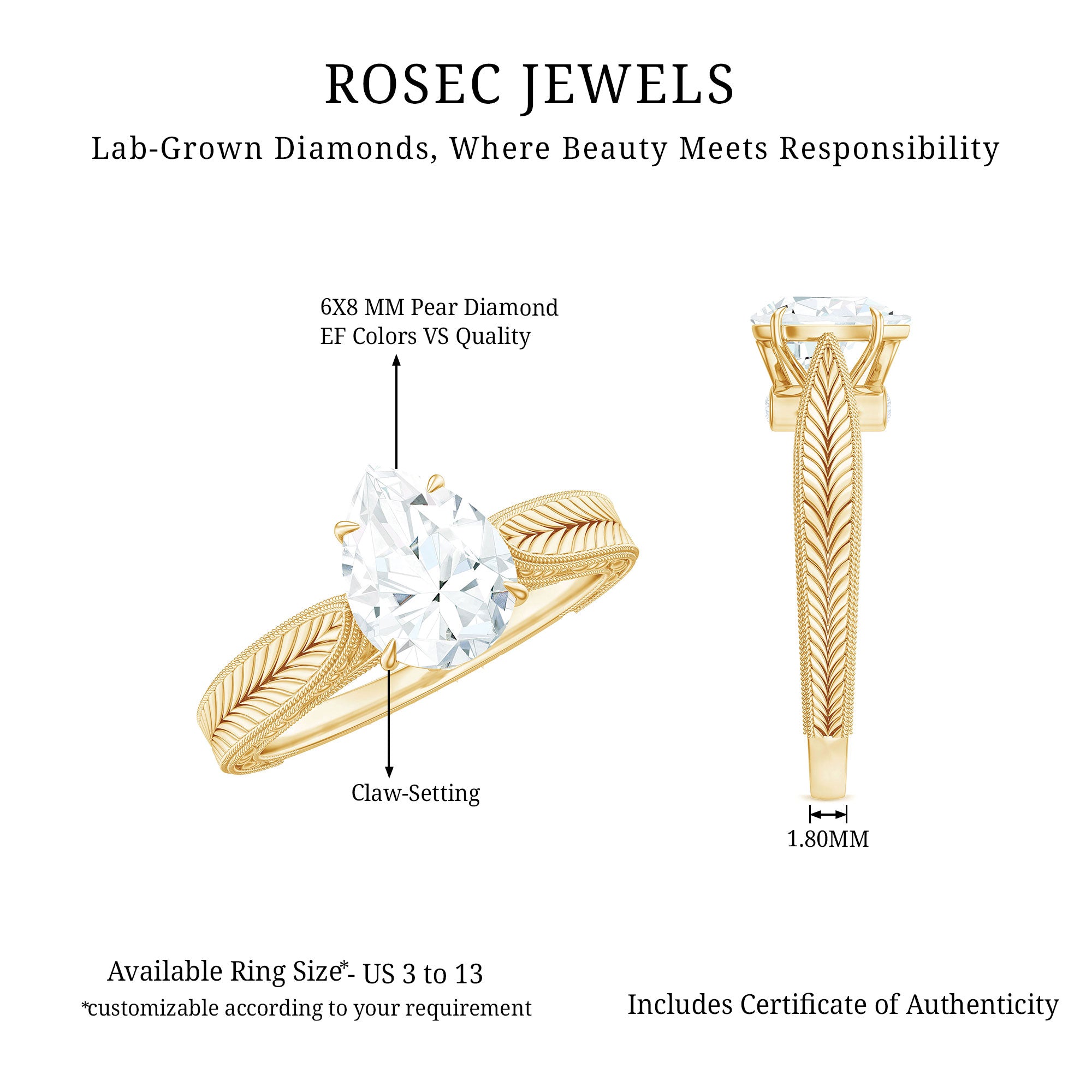 Rosec Jewels-6X8 mm Pear Lab Created Diamond Filigree Engagement Ring