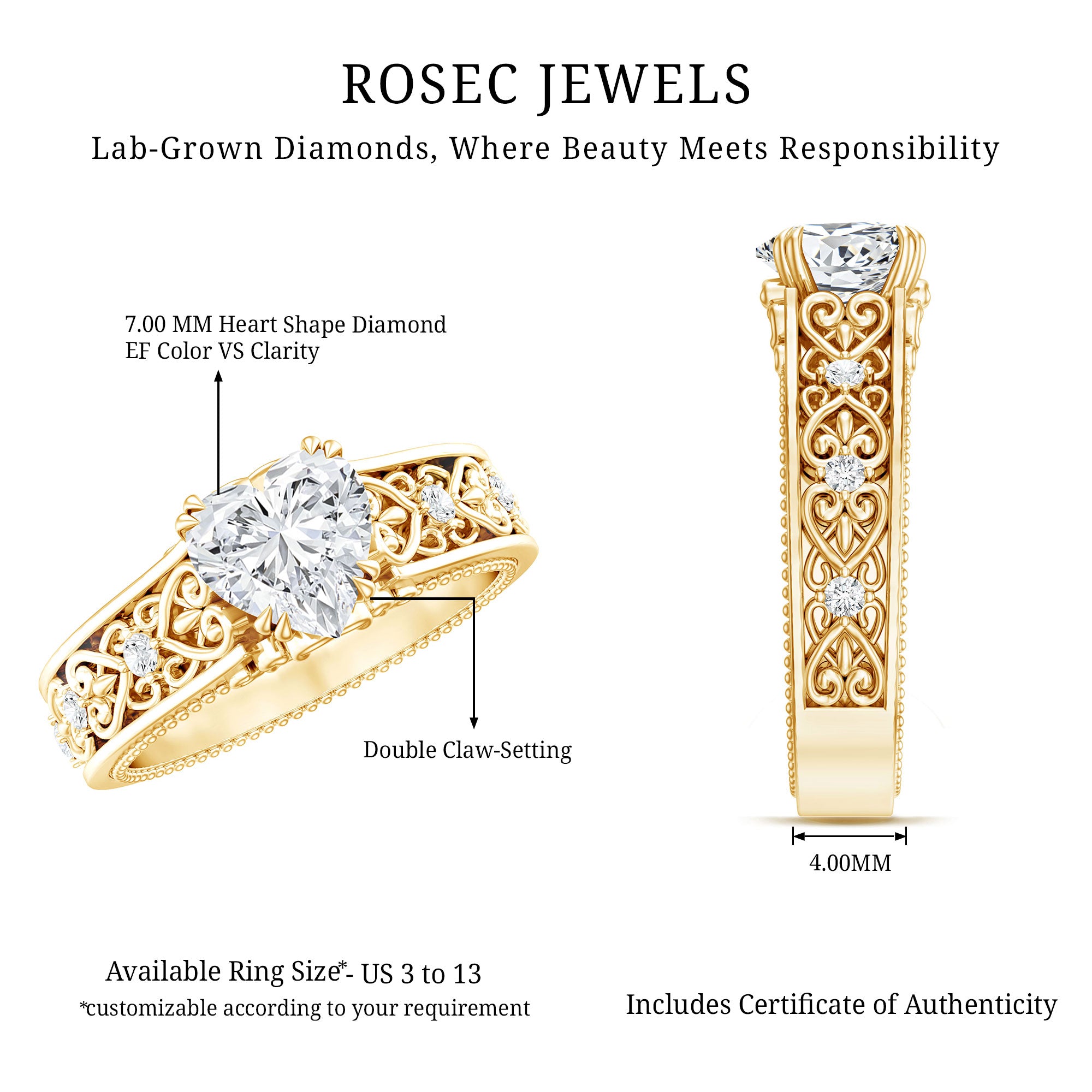 Certified 1 Carat Heart Lab Created Vintage Engagement Ring Lab - ( EF-VS ) - Rosec Jewels