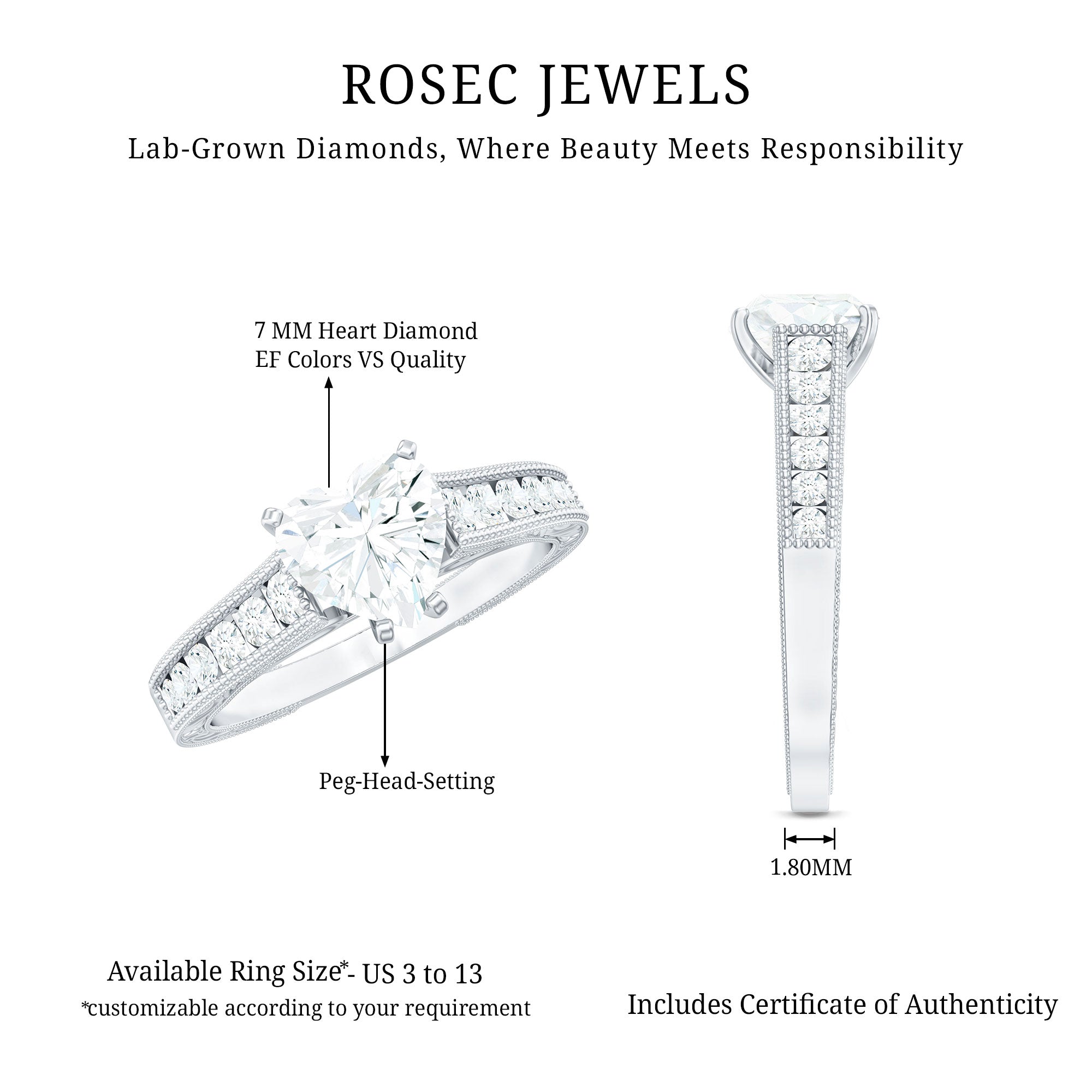 Rosec Jewels-Heart Engagement Ring With Lab Grown Diamonds