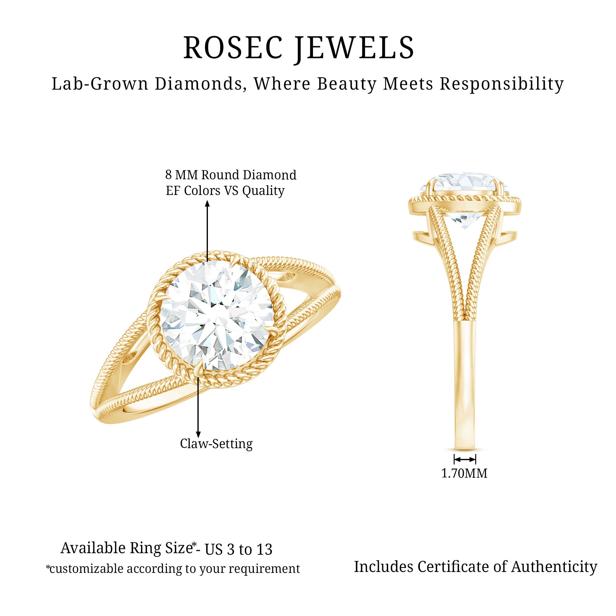 Rosec Jewels-Man Made Diamond Engagement Ring With Split Shank
