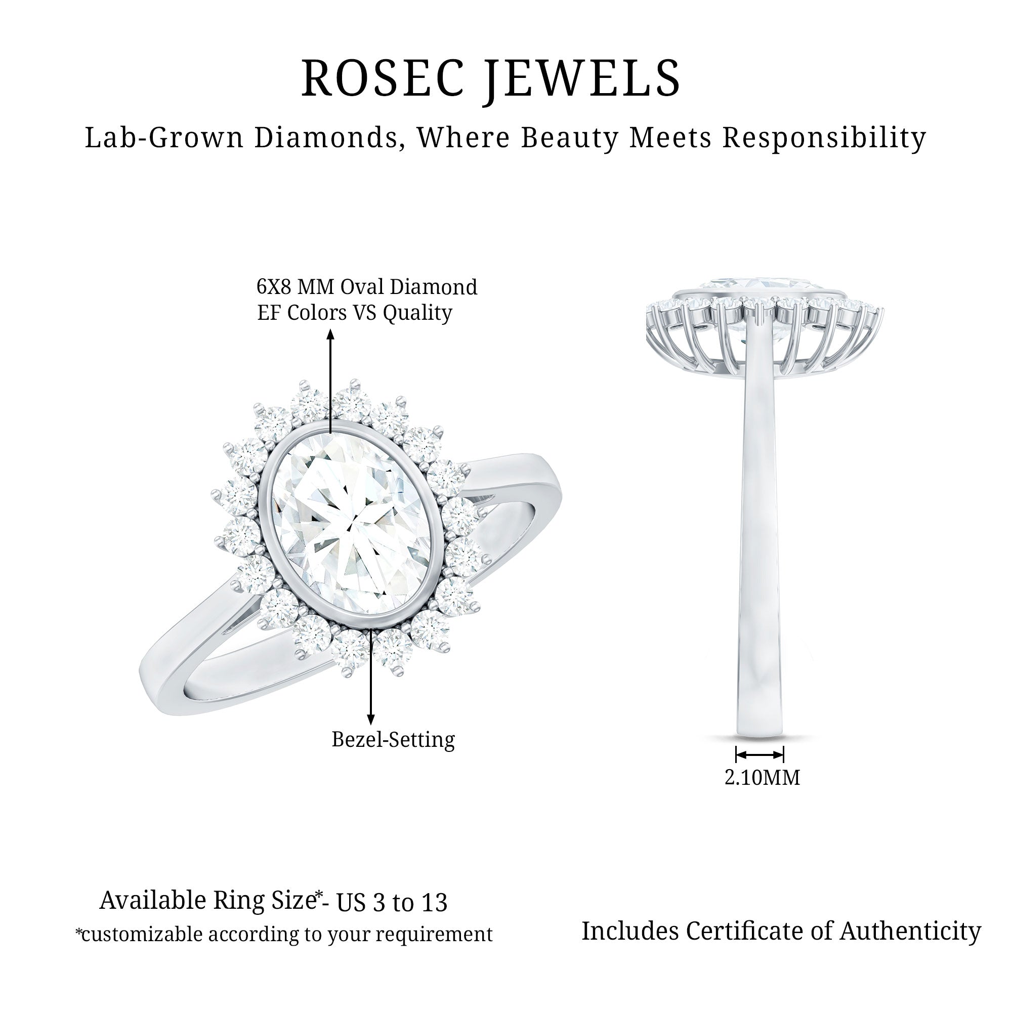Rosec Jewels-Oval Cut Lab Grown Diamond Halo Engagement Ring in Bezel Setting