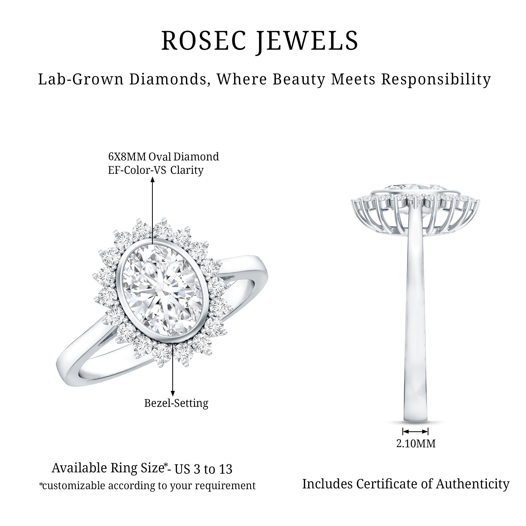 Oval Cut Lab Grown Diamond Halo Engagement Ring in Bezel Setting Lab - ( EF-VS ) - Rosec Jewels