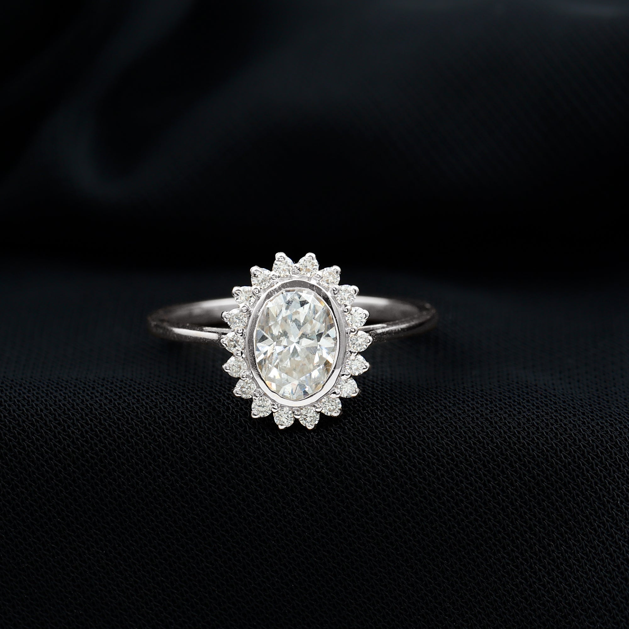 Rosec Jewels-Oval Cut Lab Grown Diamond Halo Engagement Ring in Bezel Setting