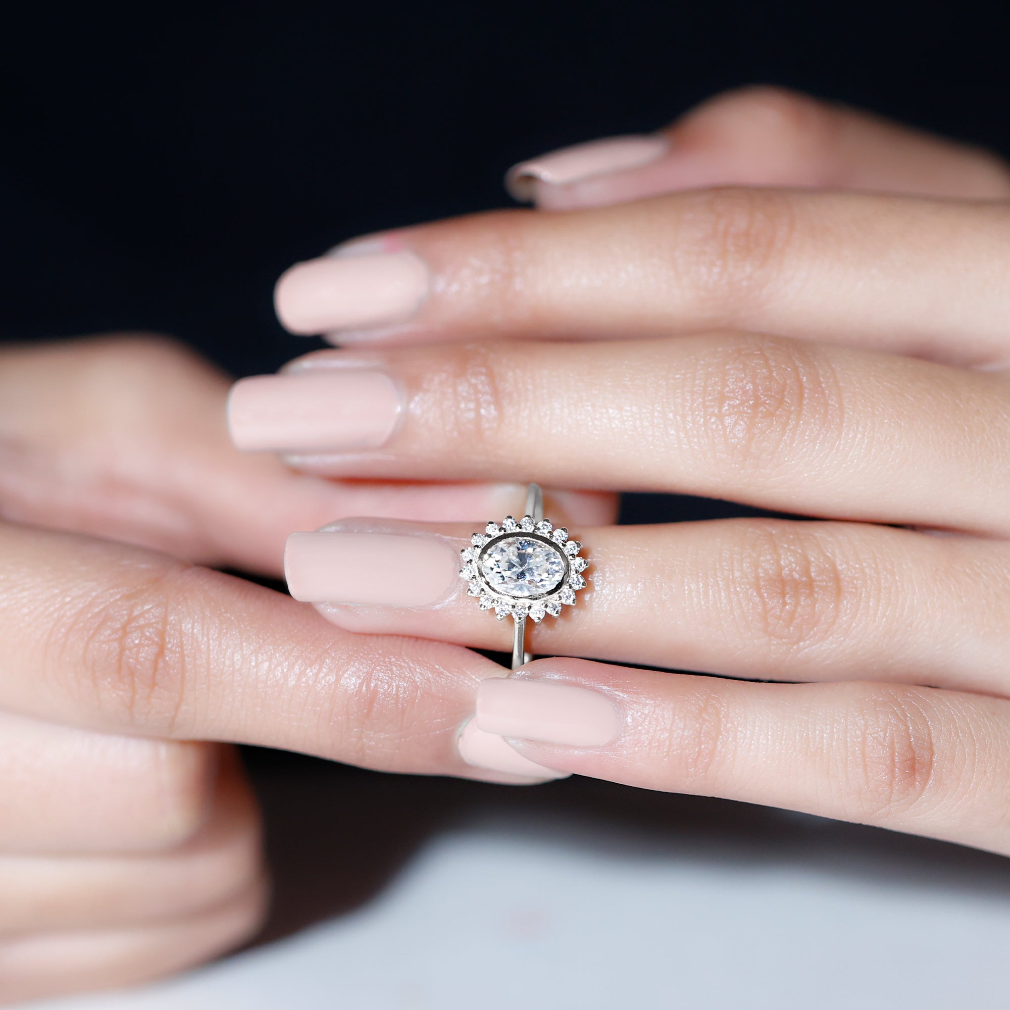 Rosec Jewels-Oval Cut Lab Grown Diamond Halo Engagement Ring in Bezel Setting