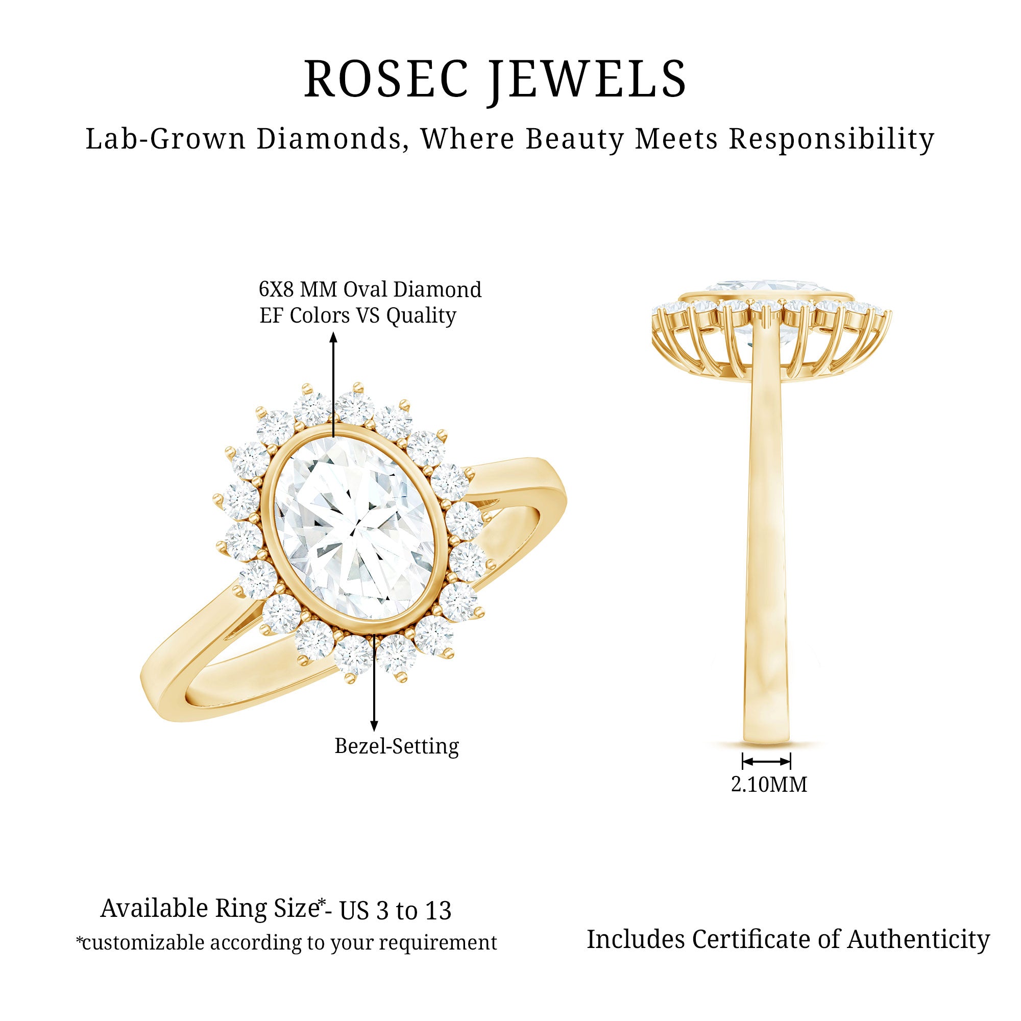 Rosec Jewels-Oval Cut Lab Grown Diamond Halo Engagement Ring in Bezel Setting