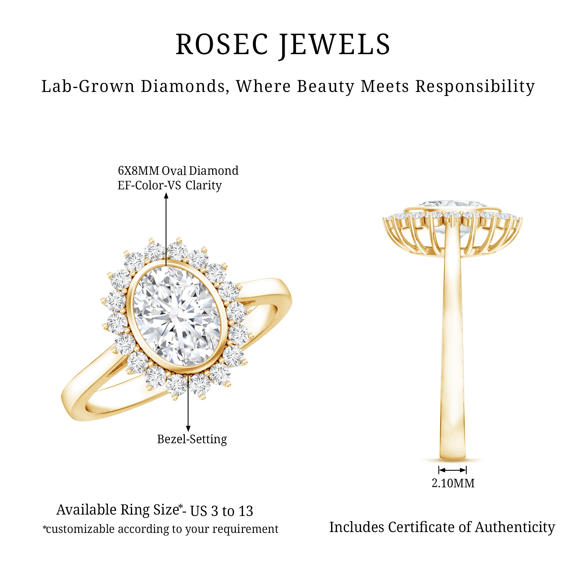 Oval Cut Lab Grown Diamond Halo Engagement Ring in Bezel Setting Lab - ( EF-VS ) - Rosec Jewels