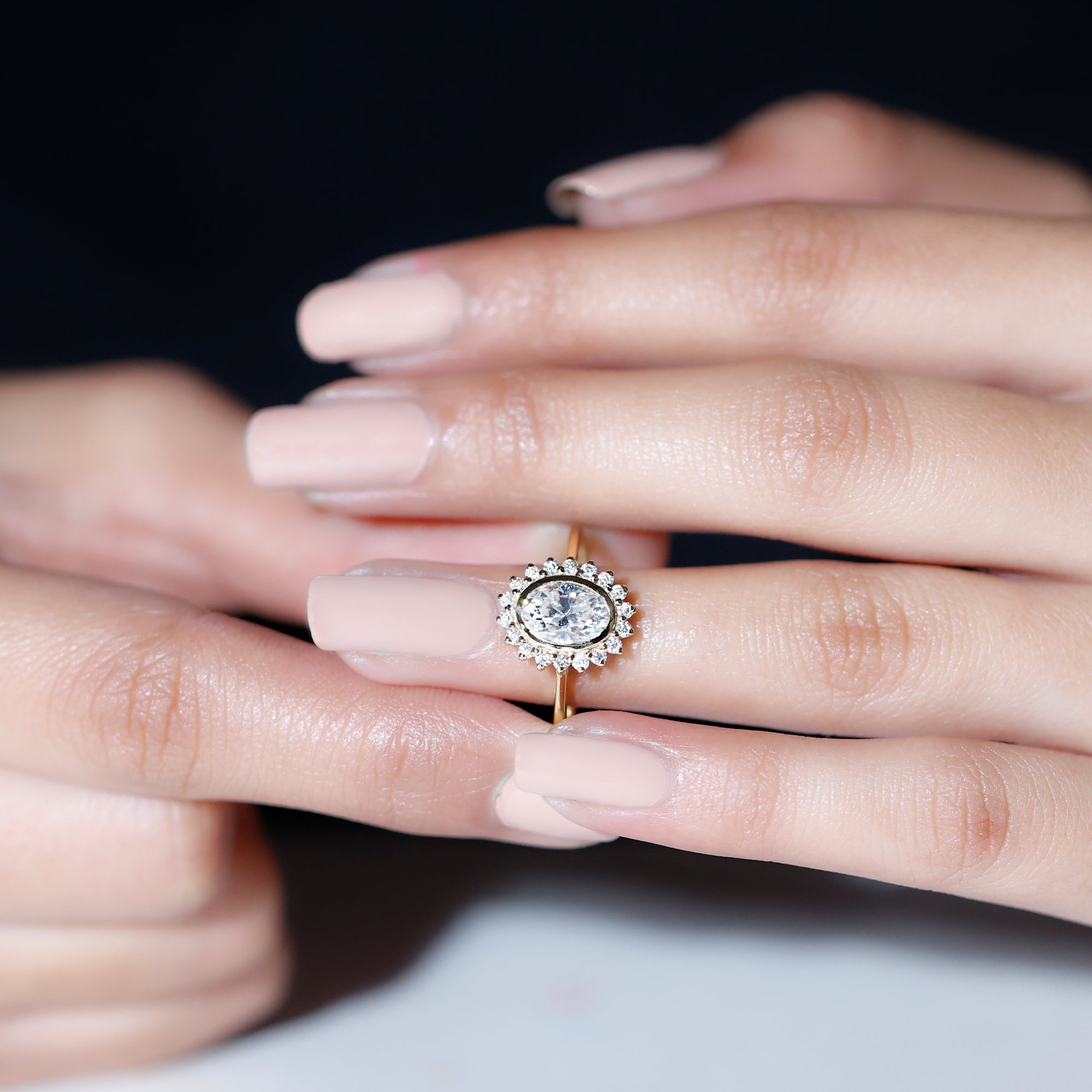 Rosec Jewels-Oval Cut Lab Grown Diamond Halo Engagement Ring in Bezel Setting