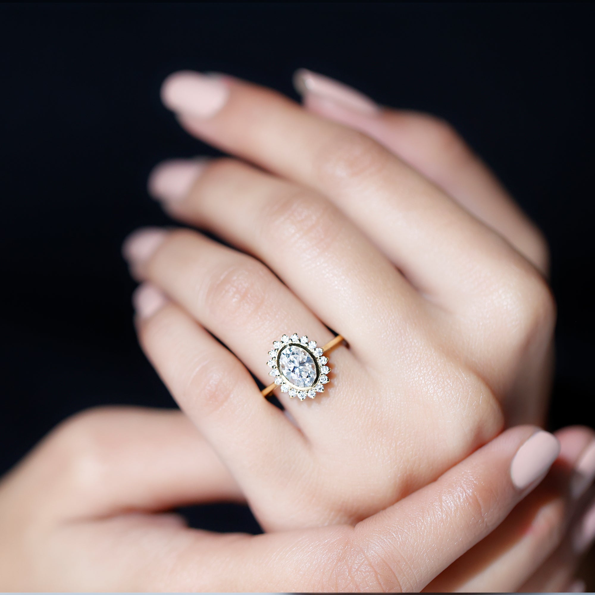 Rosec Jewels-Oval Cut Lab Grown Diamond Halo Engagement Ring in Bezel Setting