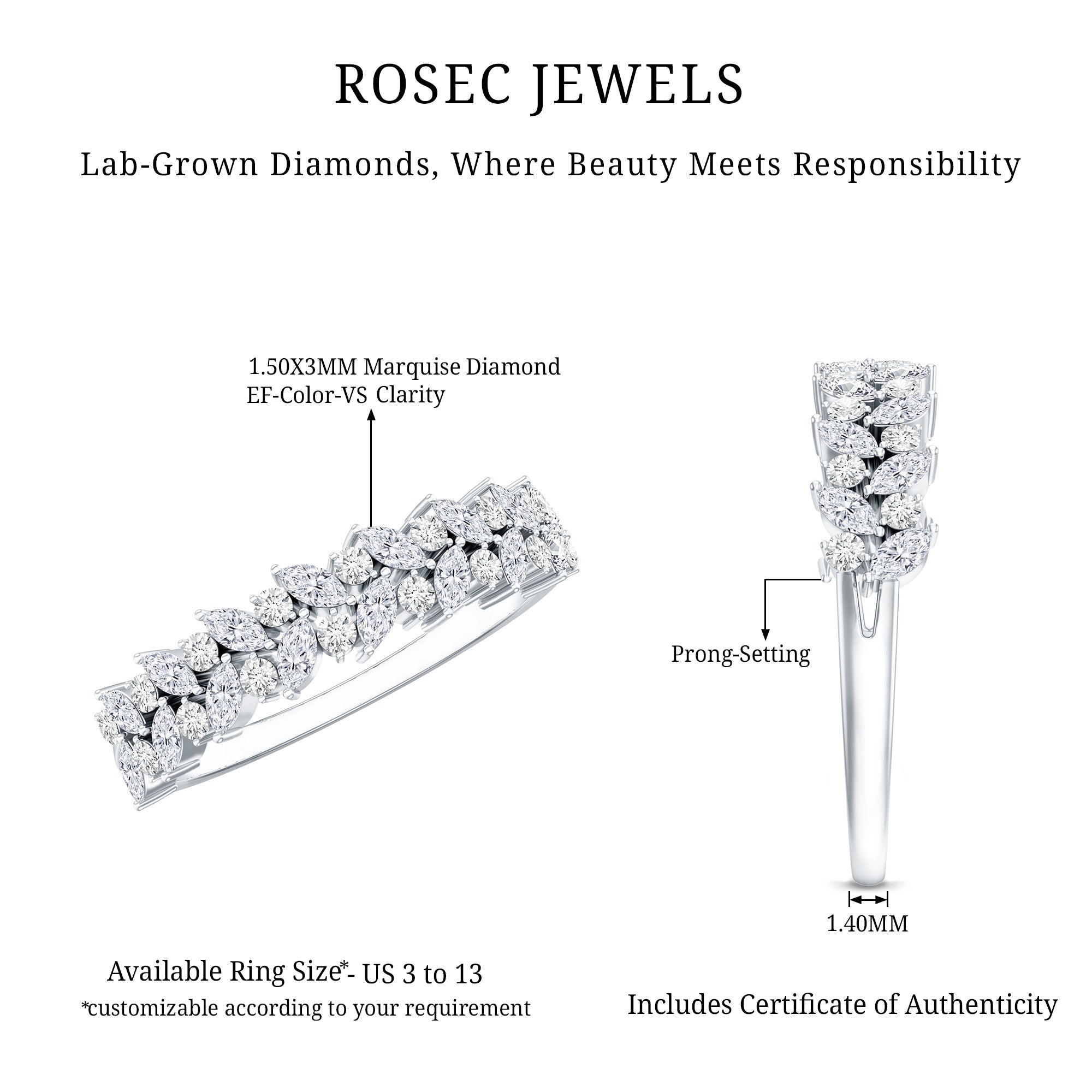 Certified Lab Grown Diamond Marquise Wedding Band Lab - ( EF-VS ) - Rosec Jewels