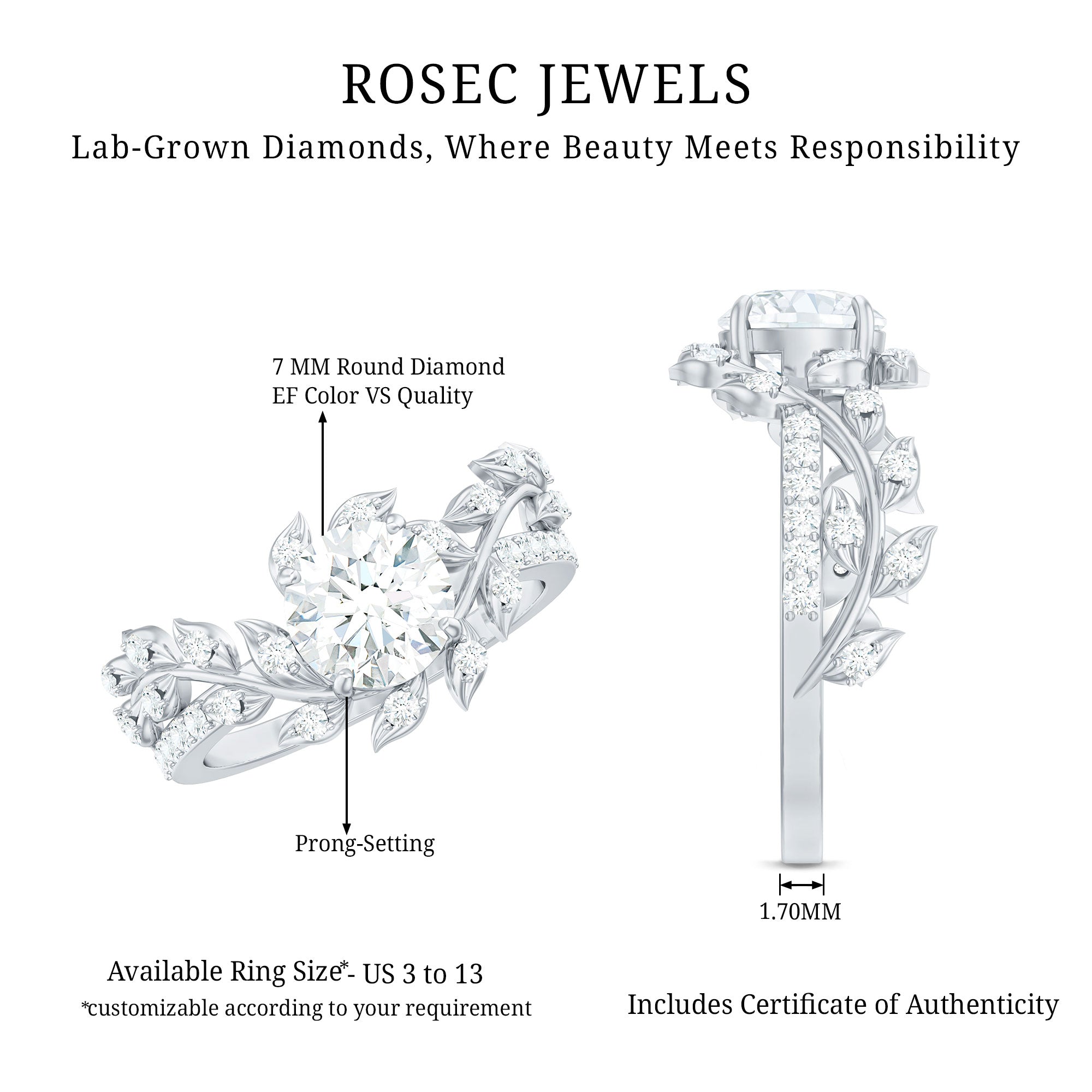 Rosec Jewels-Round Cut 7 MM Lab Grown Diamond Flower Engagement Ring
