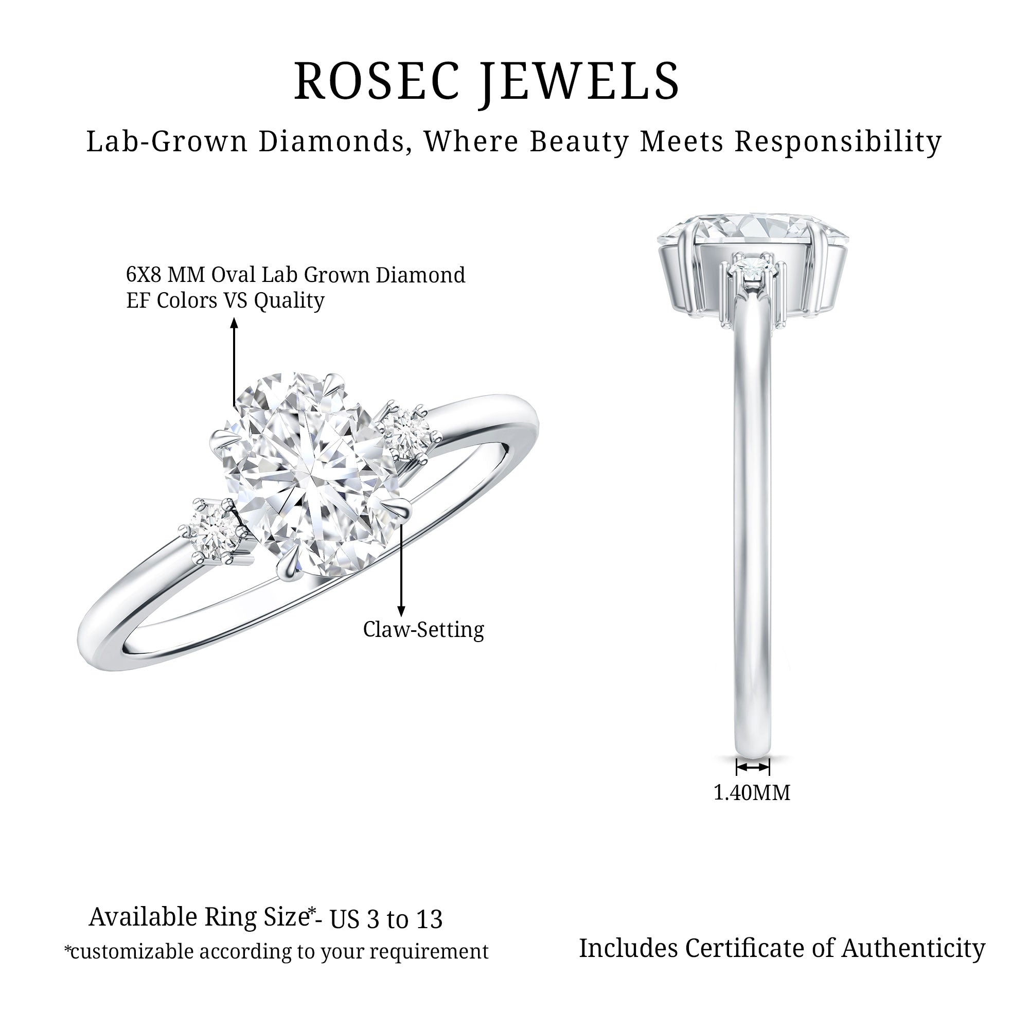 Certified 1 Carat Oval Lab Grown Diamond Engagement Ring for Women Lab - ( EF-VS ) - Rosec Jewels