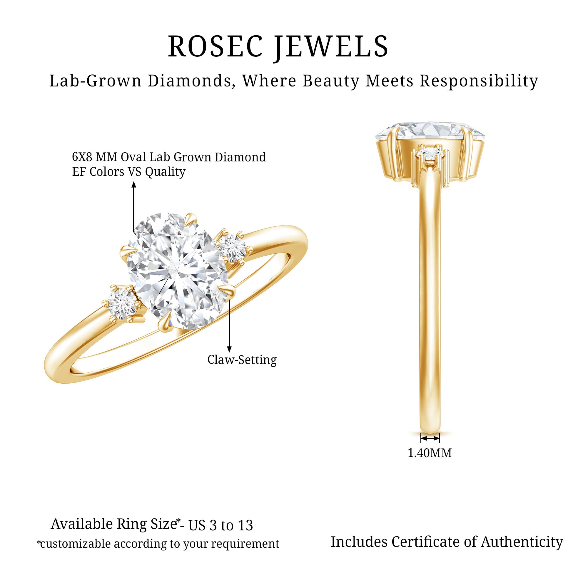 Certified 1 Carat Oval Lab Grown Diamond Engagement Ring for Women Lab - ( EF-VS ) - Rosec Jewels