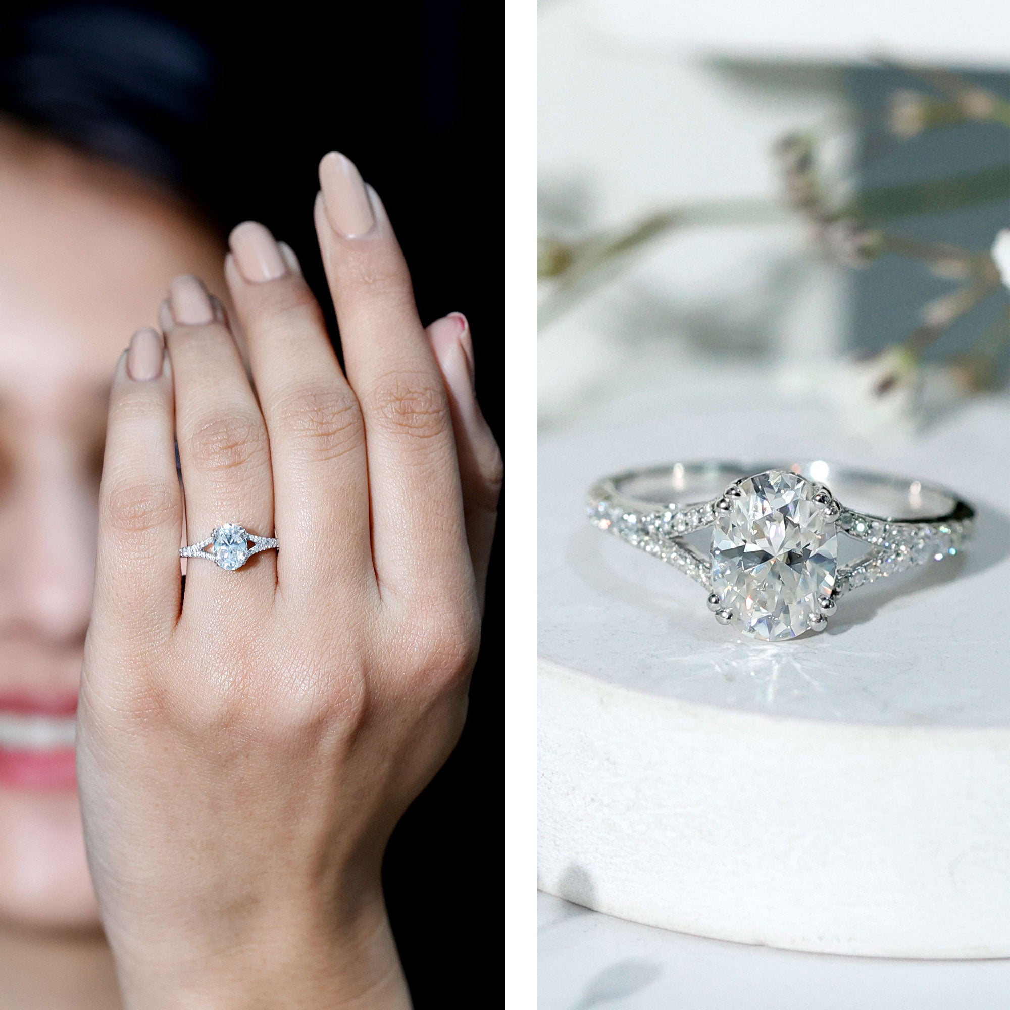 Oval Brilliant Cut Lab Diamond Engagement Ring with Split Shank Lab - ( EF-VS ) - Rosec Jewels
