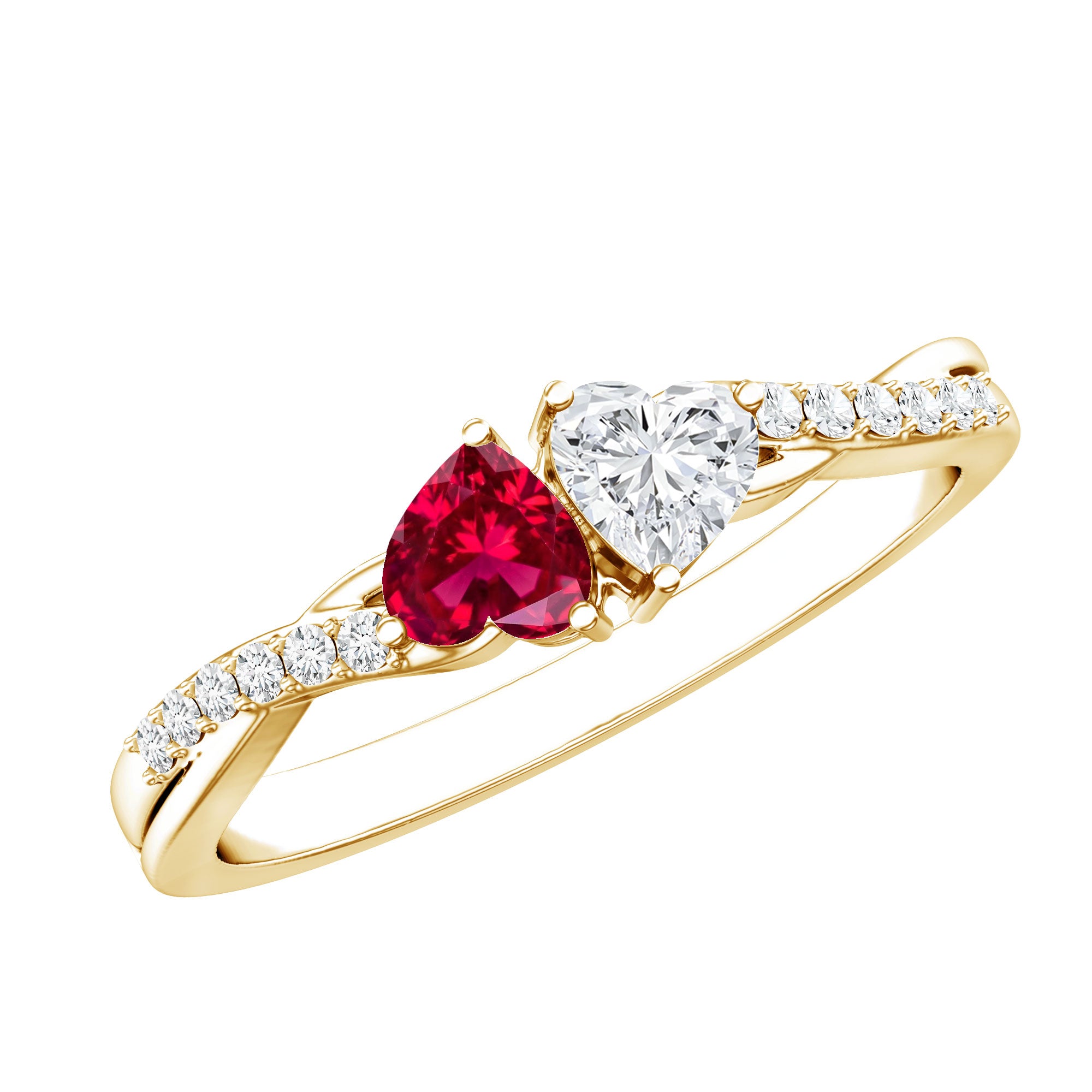Lab Grown Ruby 2 Heart Promise Ring in Silver AAAA 14K Yellow Gold Plated Silver - Rosec Jewels
