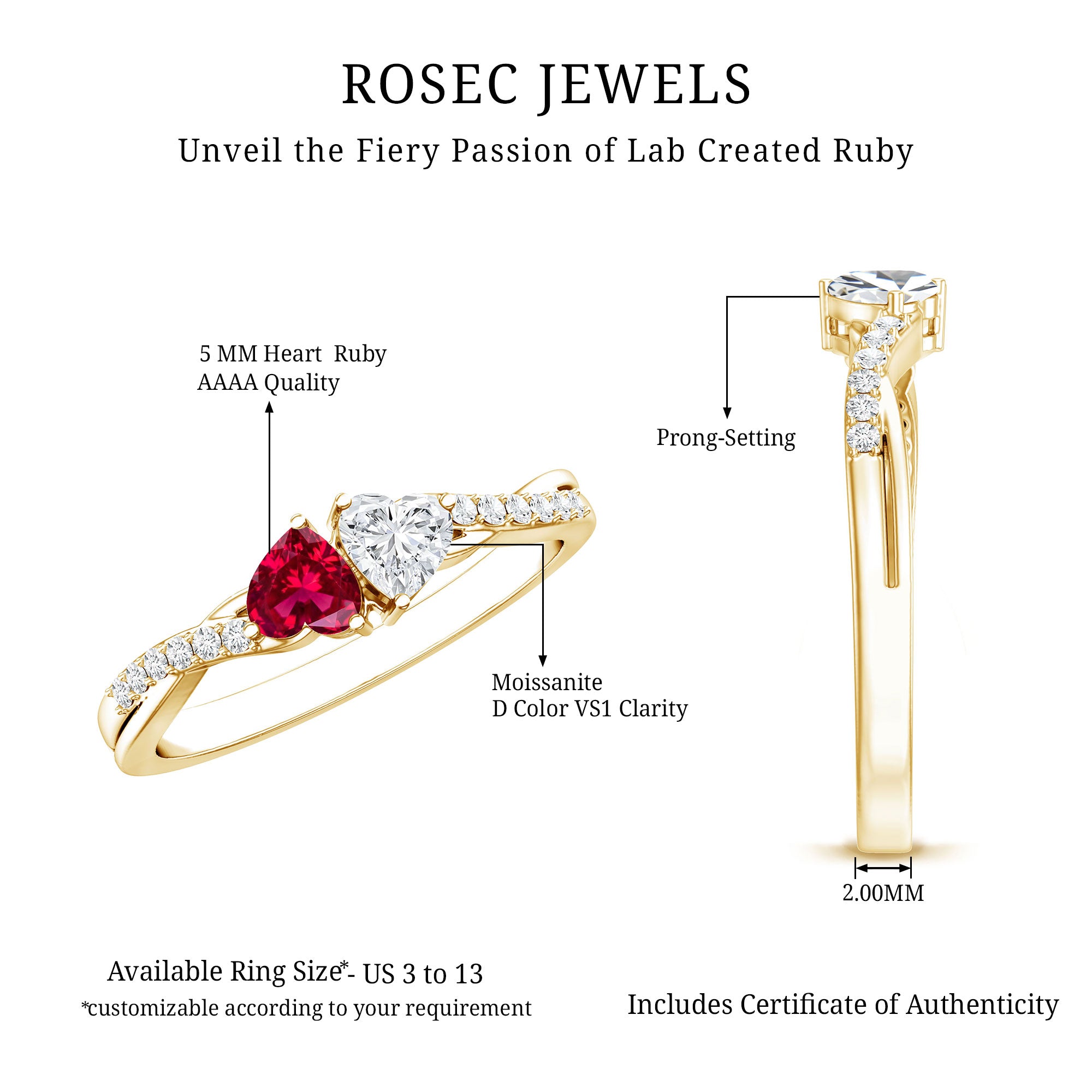 Lab Grown Ruby 2 Heart Promise Ring in Silver AAAA 14K Yellow Gold Plated Silver - Rosec Jewels