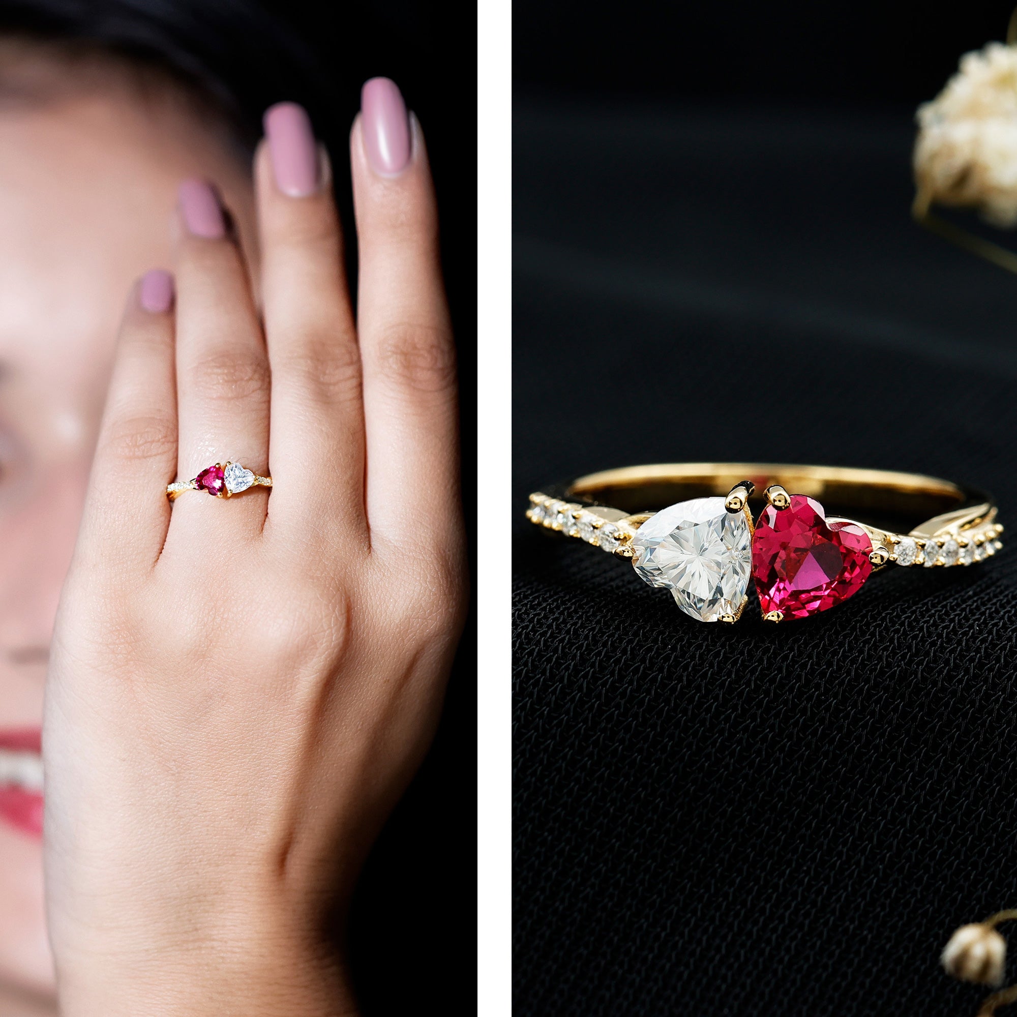 Lab Grown Ruby 2 Heart Promise Ring in Silver AAAA 14K Yellow Gold Plated Silver - Rosec Jewels