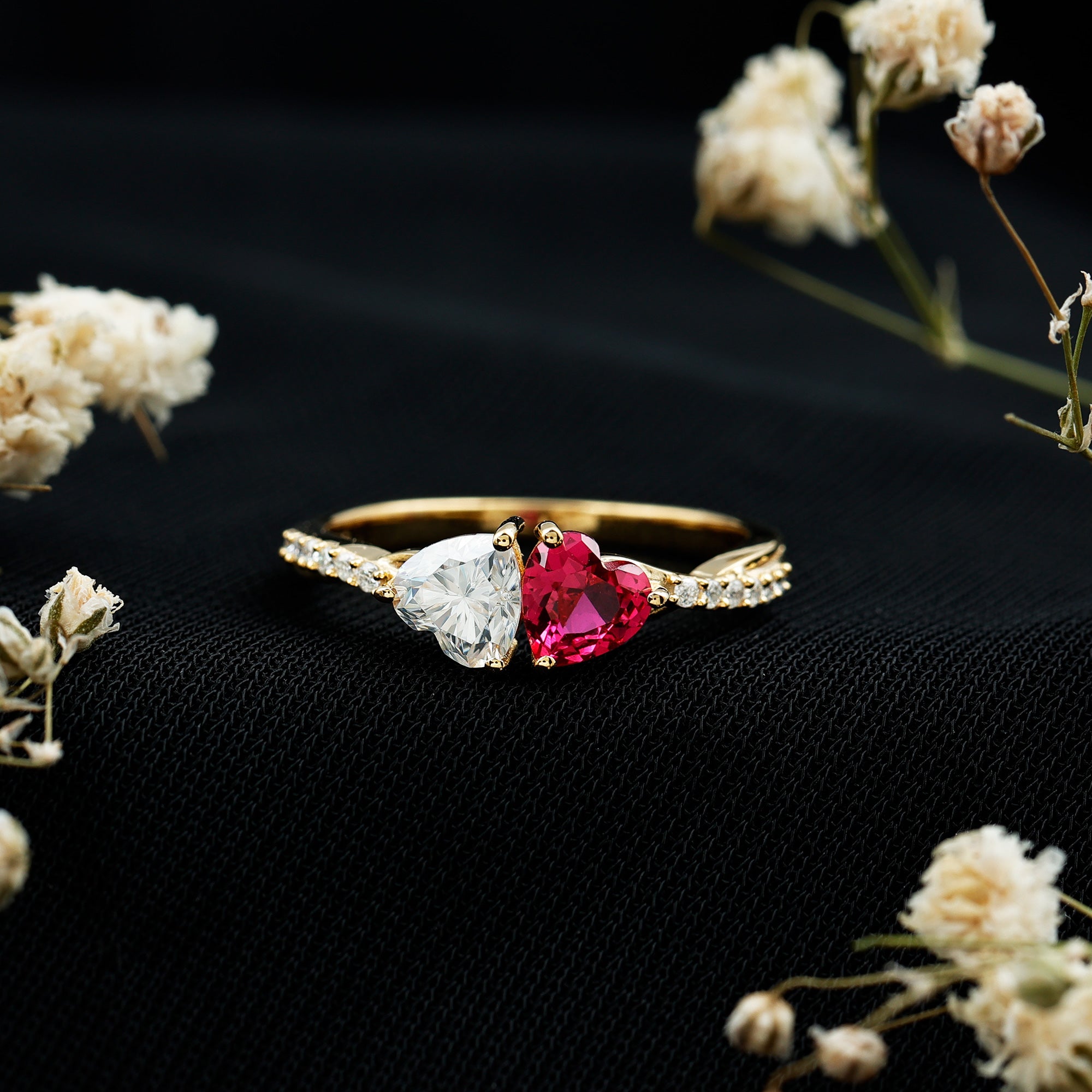 Lab Grown Ruby 2 Heart Promise Ring in Silver AAAA 14K Yellow Gold Plated Silver - Rosec Jewels