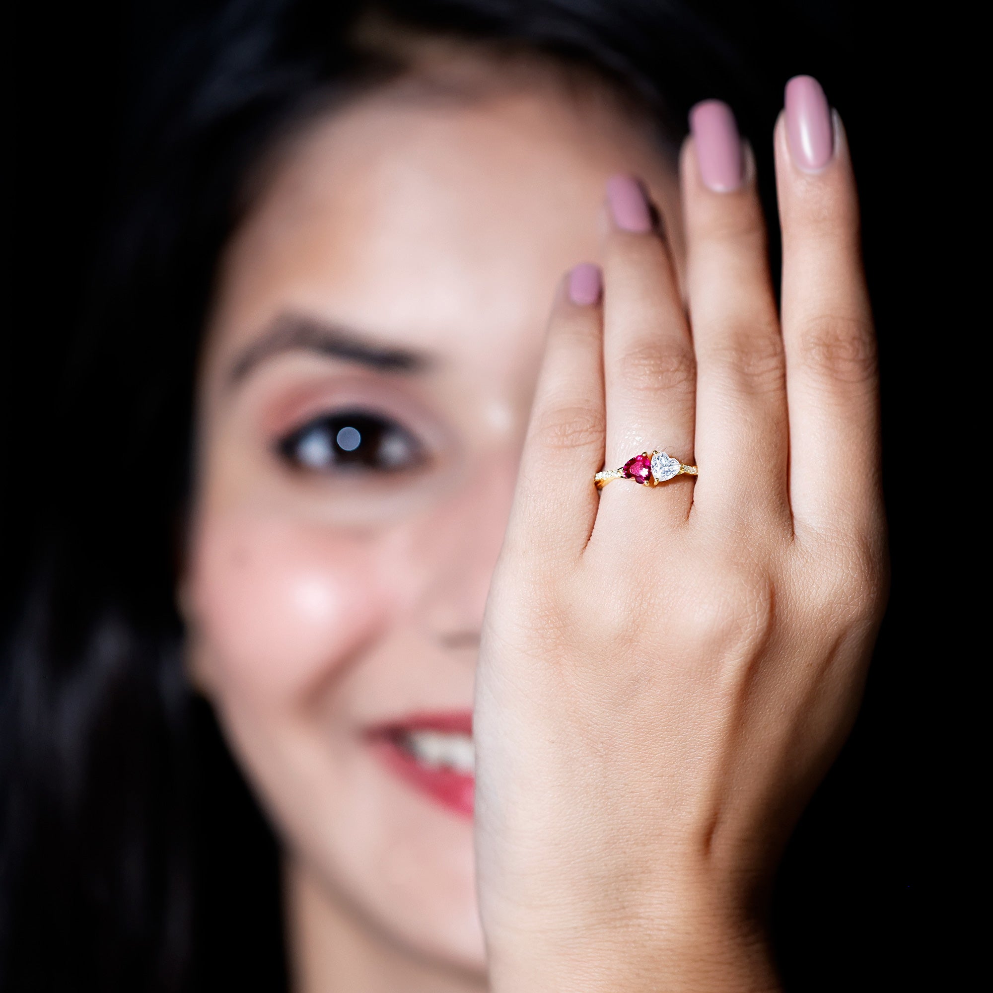 Lab Grown Ruby 2 Heart Promise Ring in Silver AAAA 14K Yellow Gold Plated Silver - Rosec Jewels
