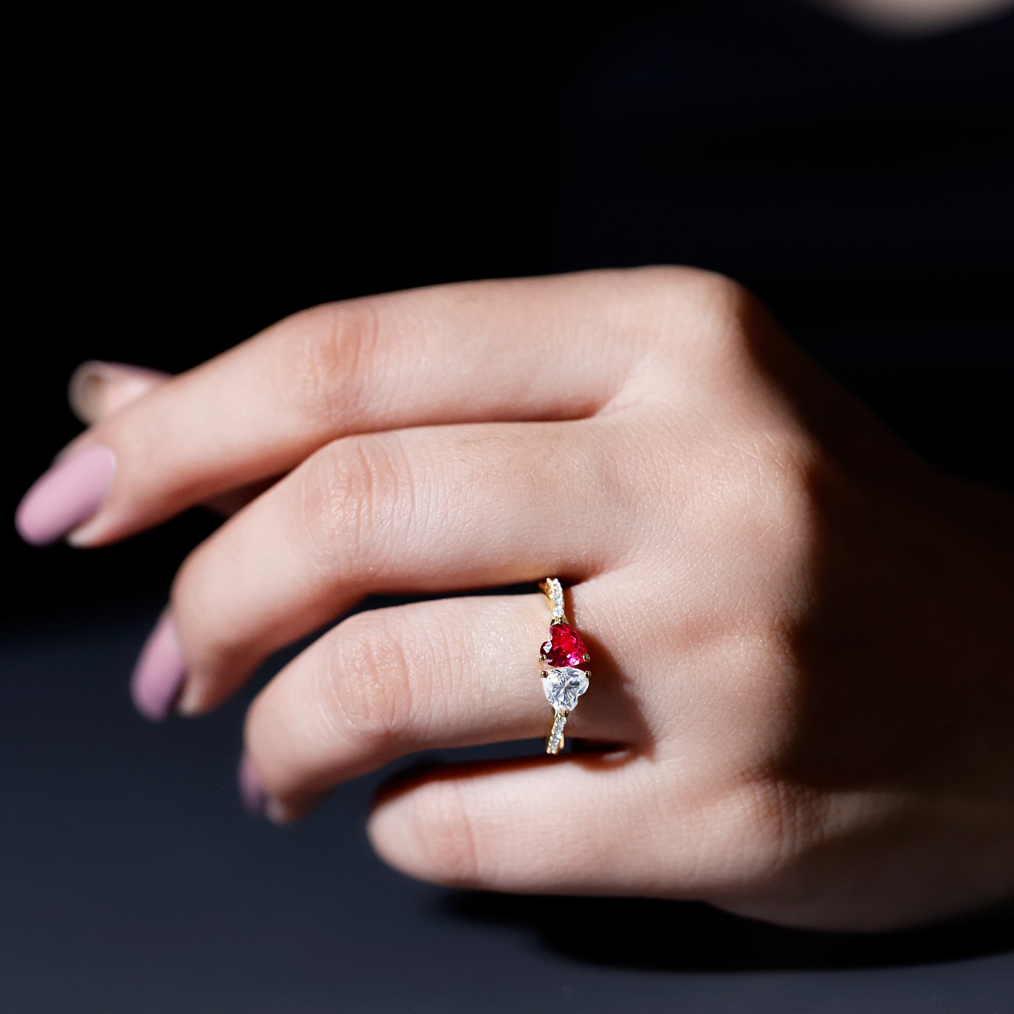 Lab Grown Ruby 2 Heart Promise Ring in Silver AAAA 14K Yellow Gold Plated Silver - Rosec Jewels