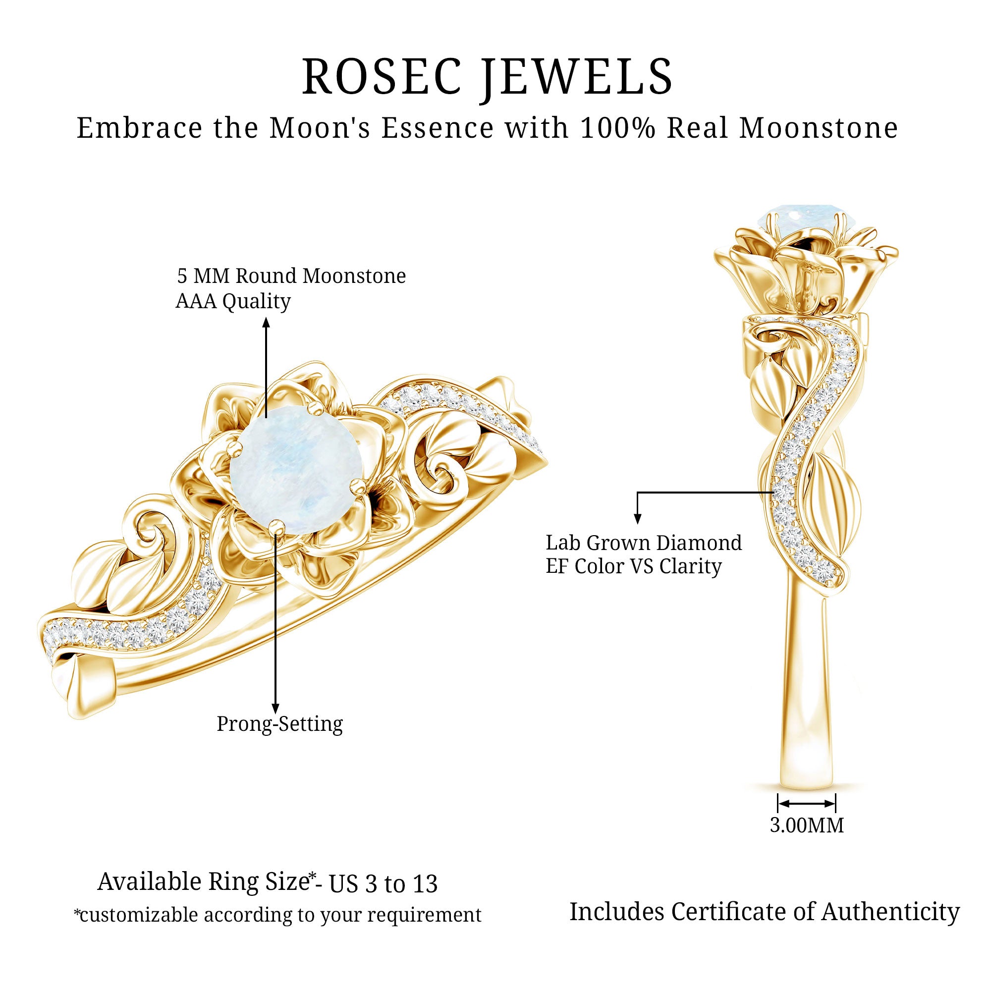 Genuine Moonstone and Diamond Blooming Engagement Ring in Silver AAA 14K Yellow Gold Plated Silver - Rosec Jewels