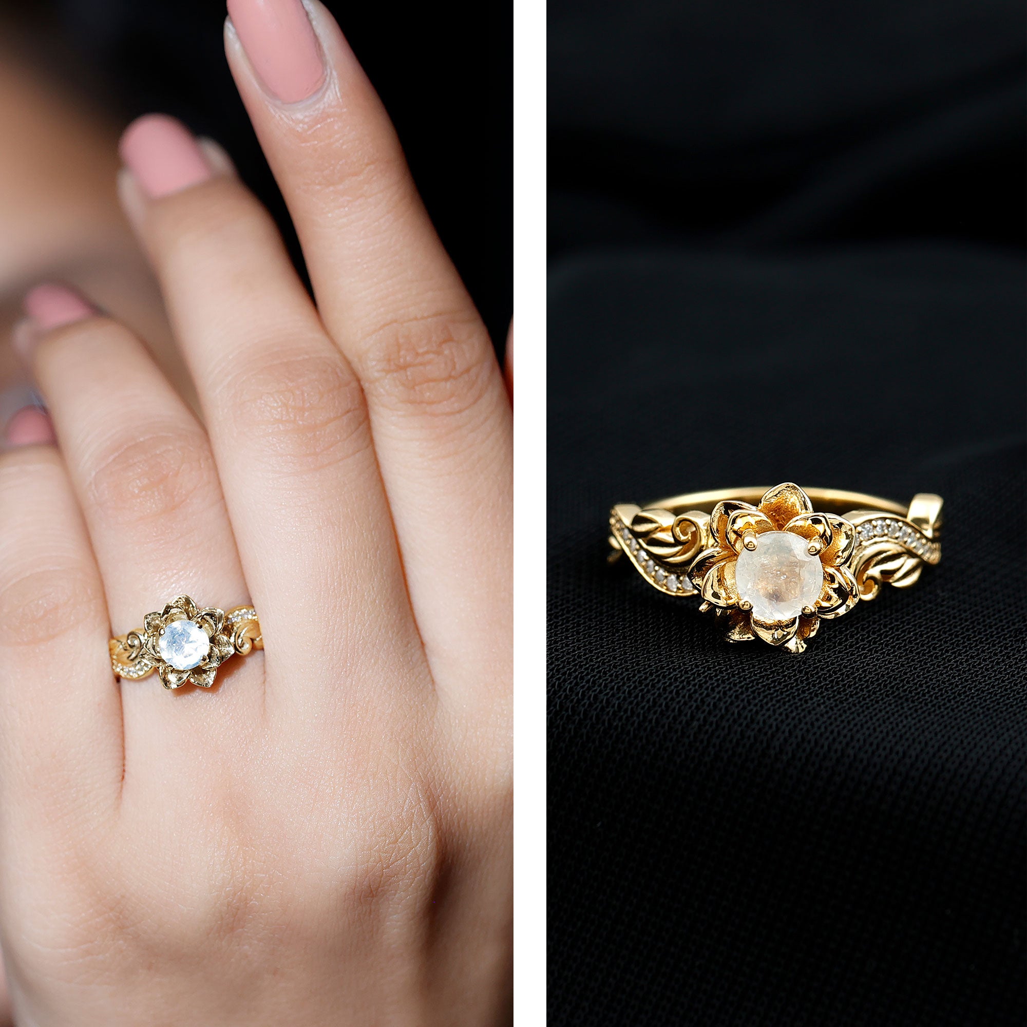 Genuine Moonstone and Diamond Blooming Engagement Ring in Silver AAA 14K Yellow Gold Plated Silver - Rosec Jewels