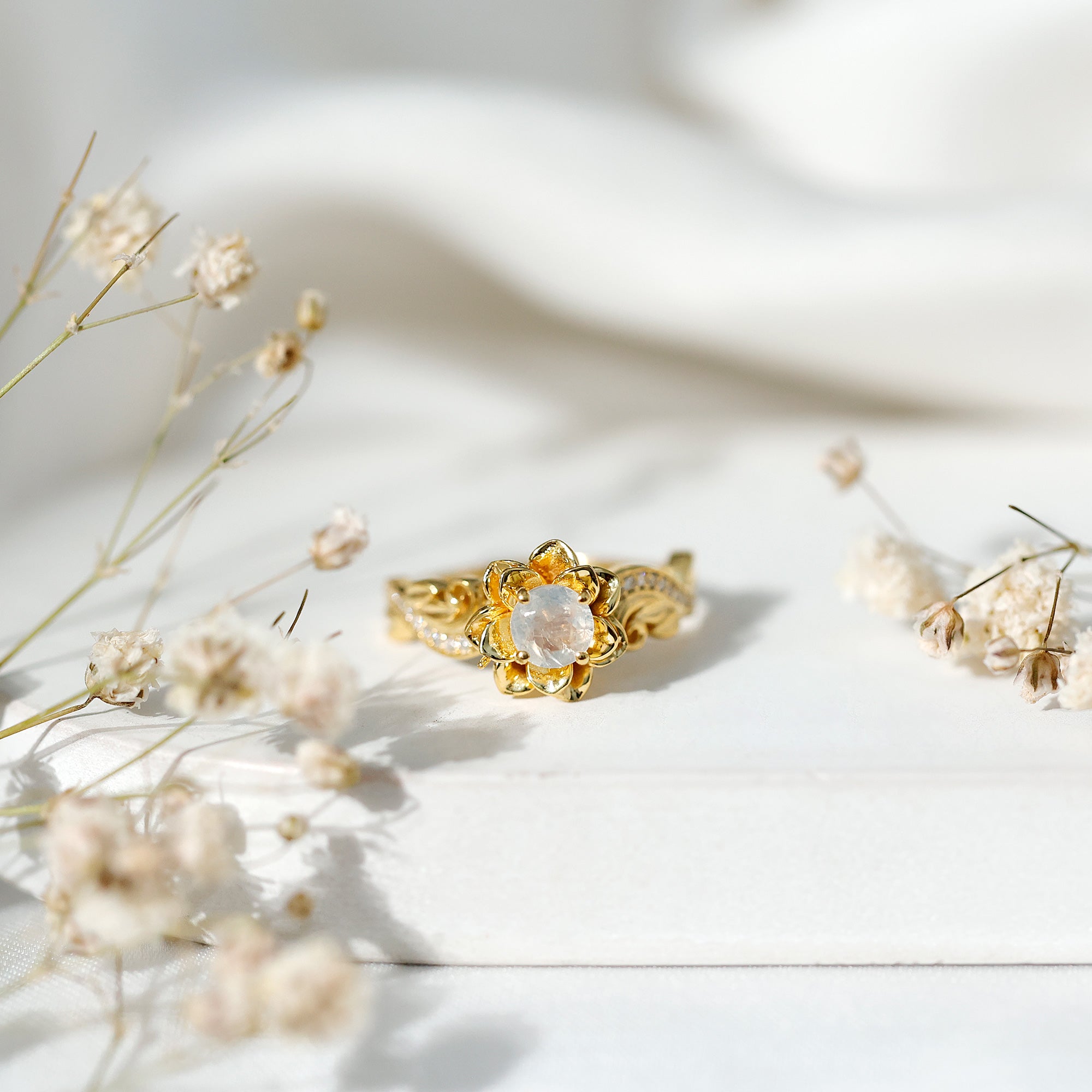 Genuine Moonstone and Diamond Blooming Engagement Ring in Silver AAA 14K Yellow Gold Plated Silver - Rosec Jewels