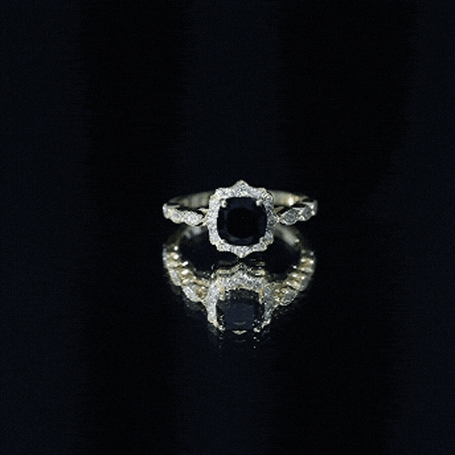 Black Onyx Vintage Looking Engagement Ring with Lab Diamond Halo AAA 14K Yellow Gold Plated Silver - Rosec Jewels