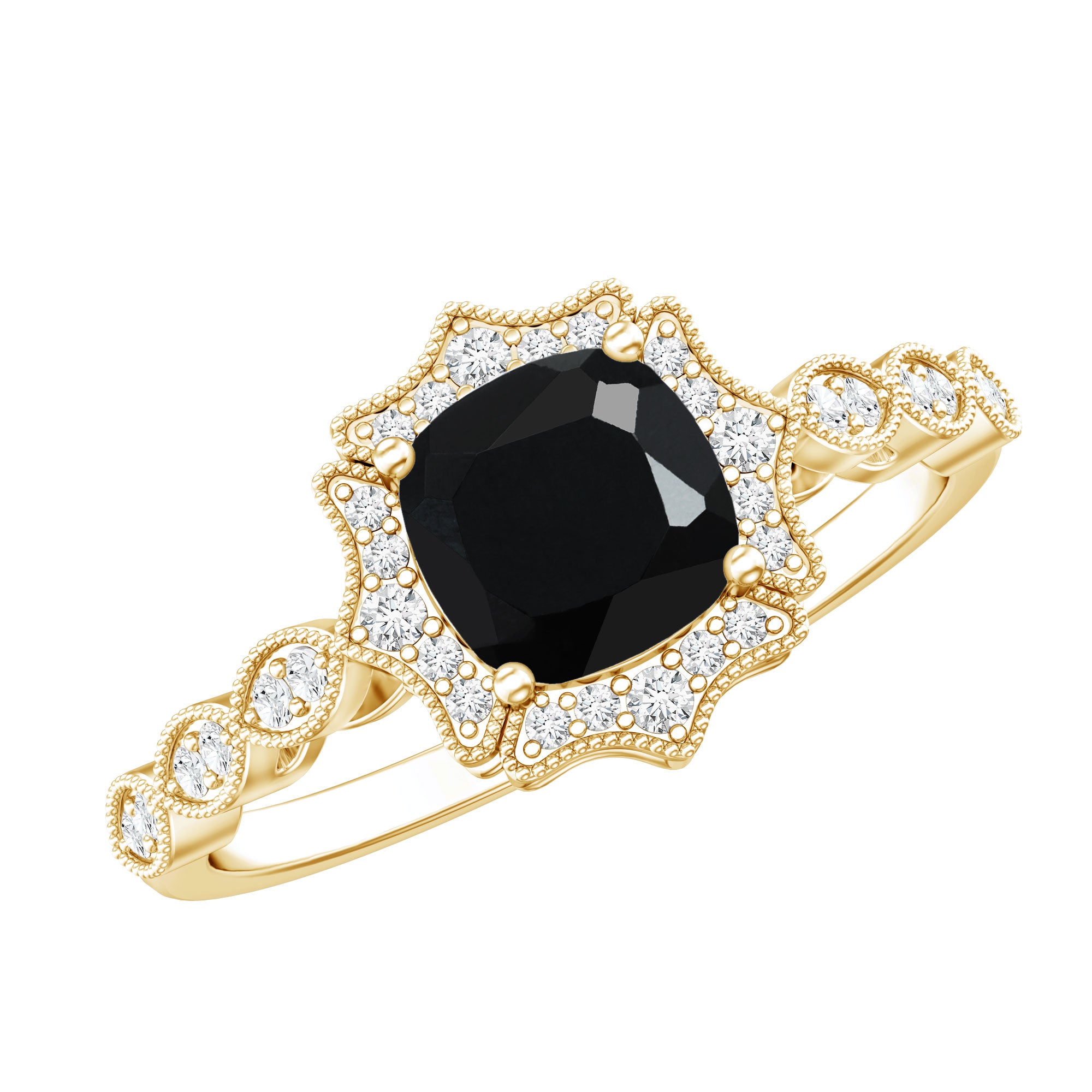 Black Onyx Vintage Looking Engagement Ring with Lab Diamond Halo AAA 14K Yellow Gold Plated Silver - Rosec Jewels