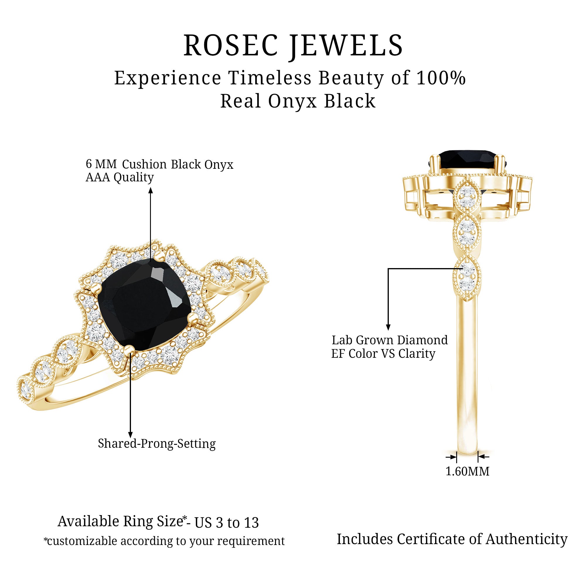 Black Onyx Vintage Looking Engagement Ring with Lab Diamond Halo AAA 14K Yellow Gold Plated Silver - Rosec Jewels