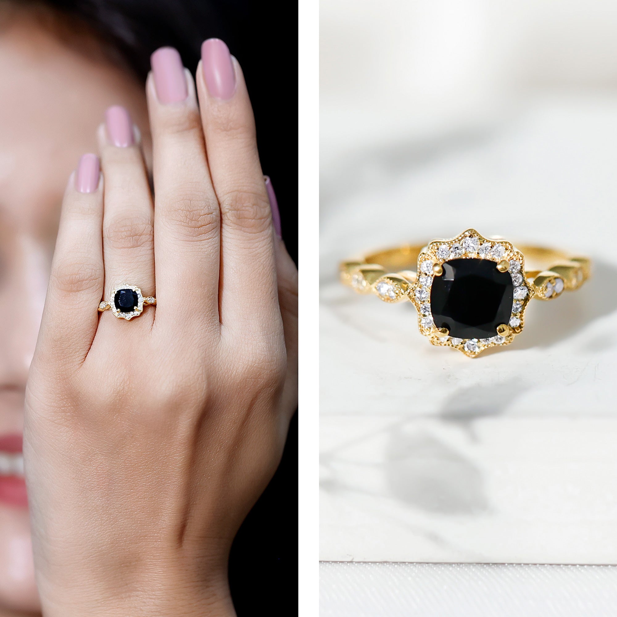 Black Onyx Vintage Looking Engagement Ring with Lab Diamond Halo AAA 14K Yellow Gold Plated Silver - Rosec Jewels